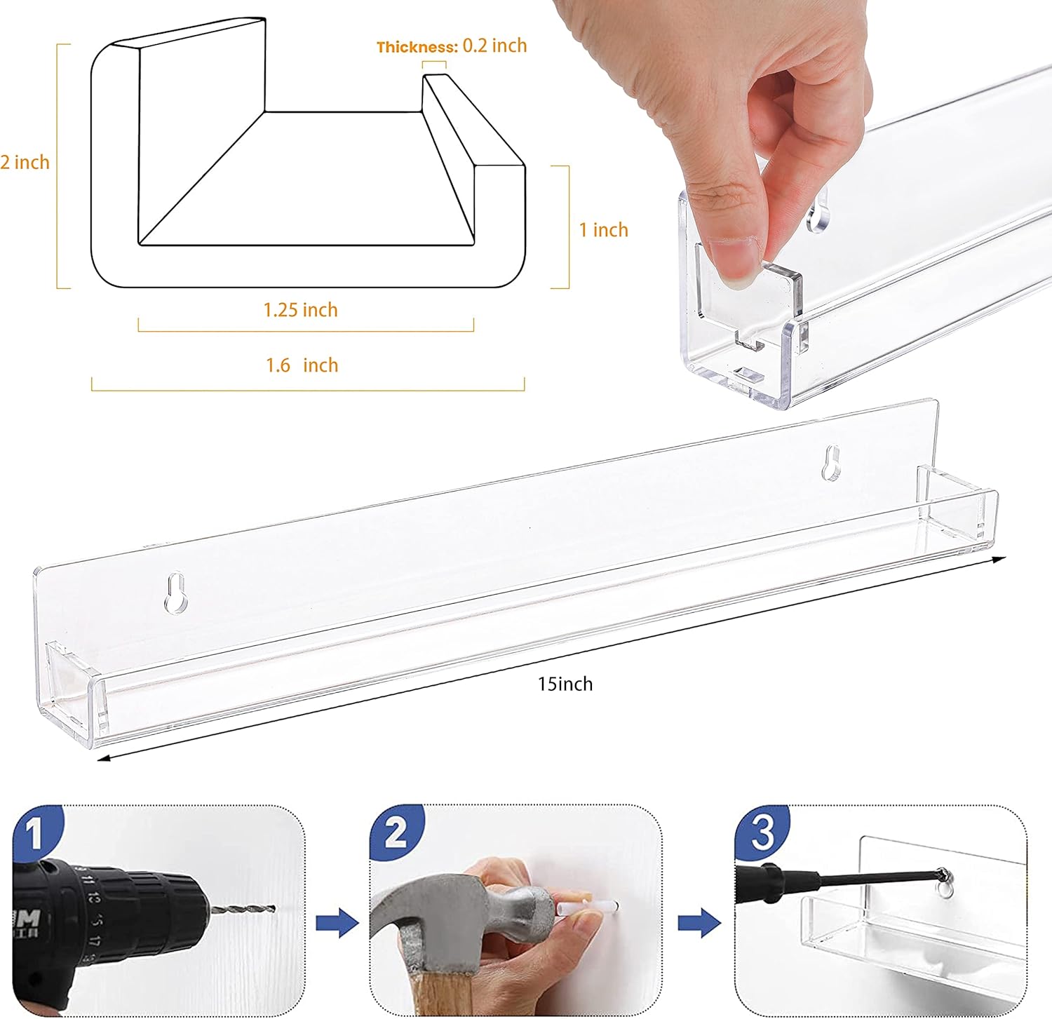 4 Pack Nail Polish Rack Wall Mounted Shelf with Removable Anti-Slip End Inserts,15 Inches Invisible Acrylic Floating Bookshelf for Kids Room,Picture