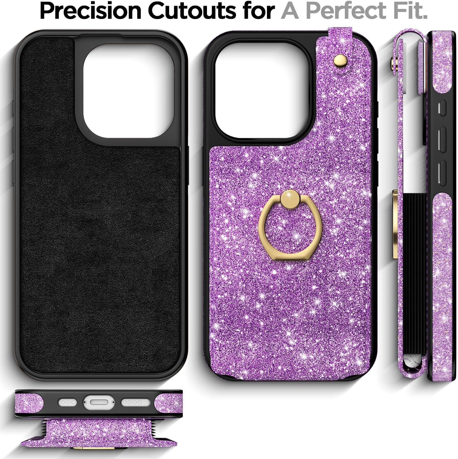 AICase Funda para tarjetas compatible con iPhone 15 Pro Max, funda protectora con purpurina brillante para mujer con soporte de anillo y 8 ranuras