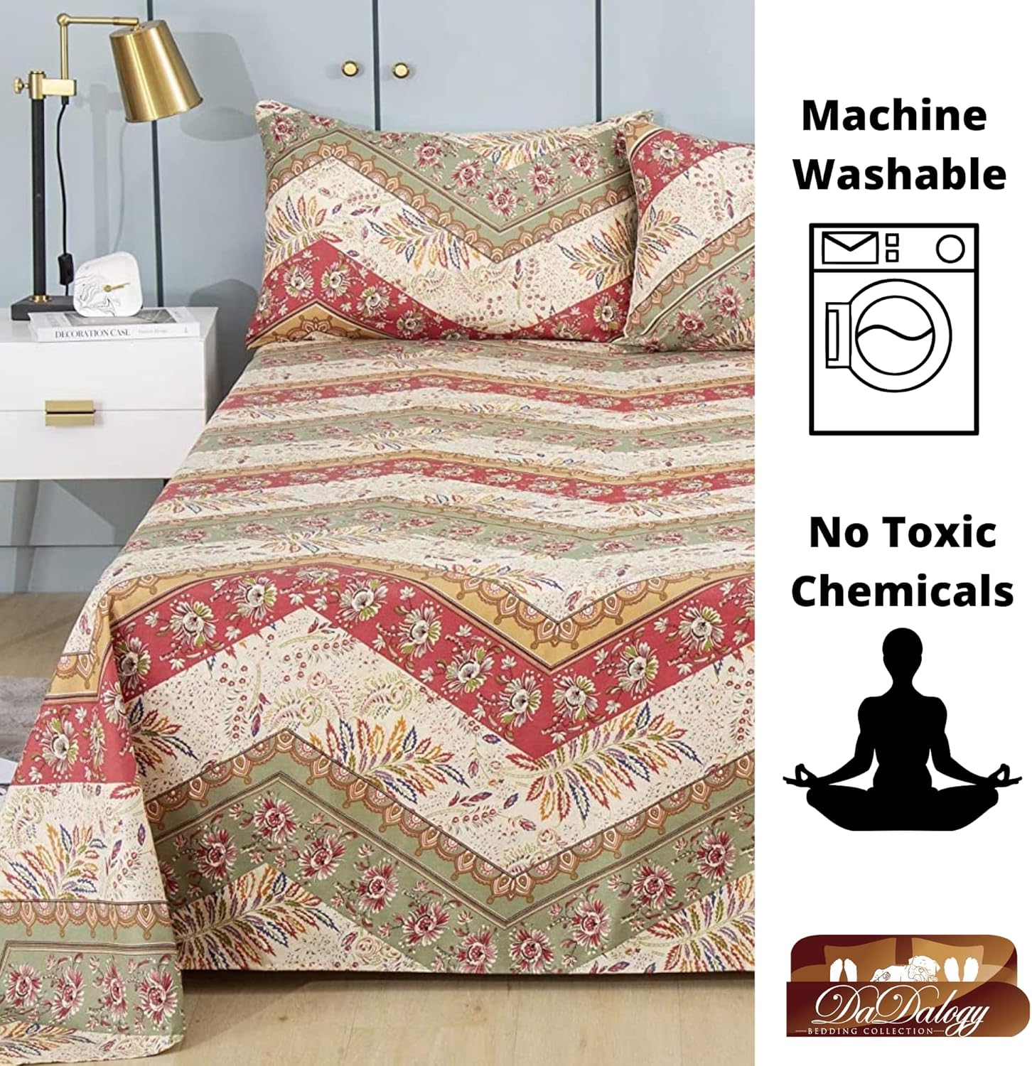DaDalogy Bedding – Sábana encimera botánica floral solo con 2 fundas de almohada, patrón de filigrana de cachemira cheurón bohemio, colorido,