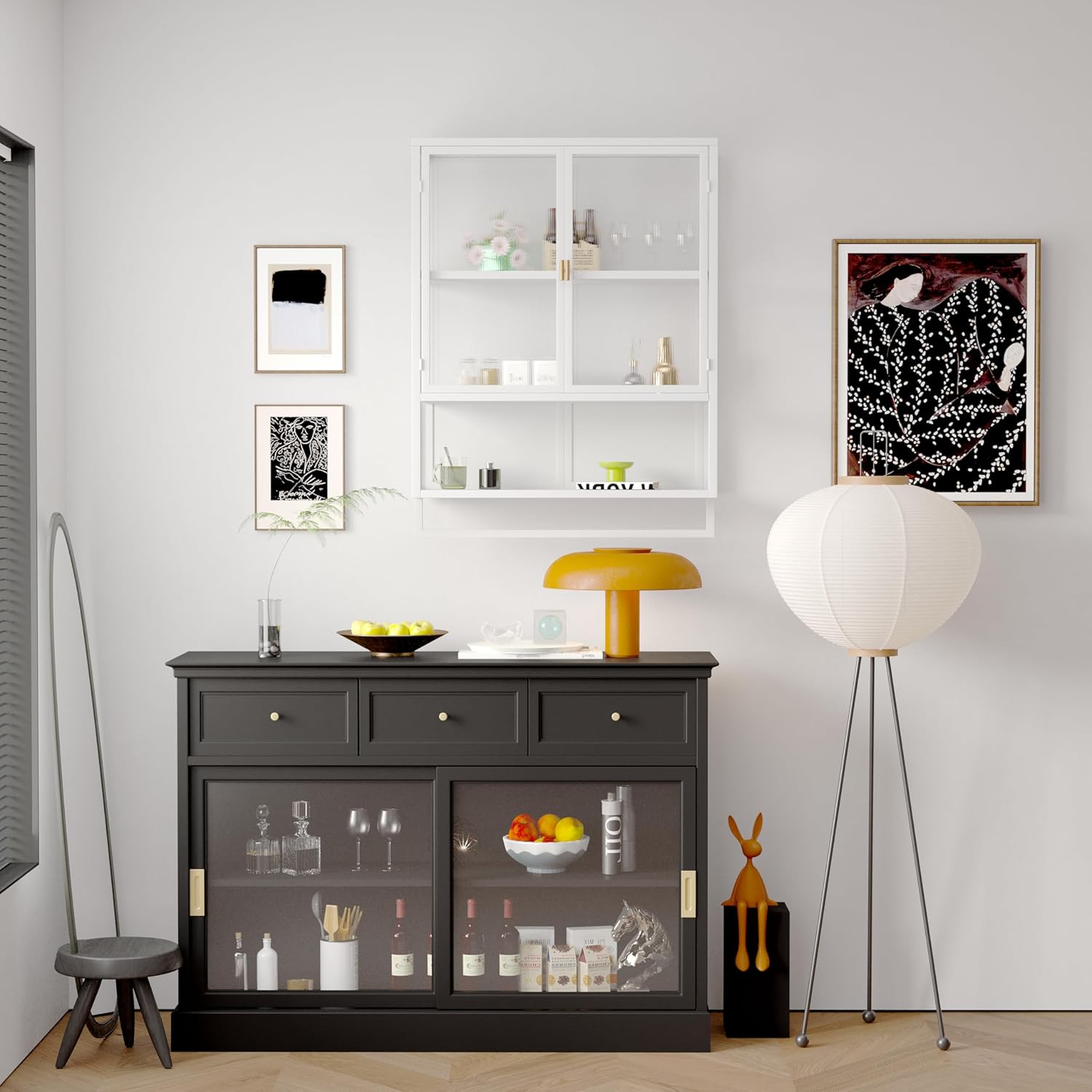 Armario de pared de doble puerta de vidrio estilo retro con estantes desmontables para oficina, comedor, sala de estar, cocina y baño, color blanco