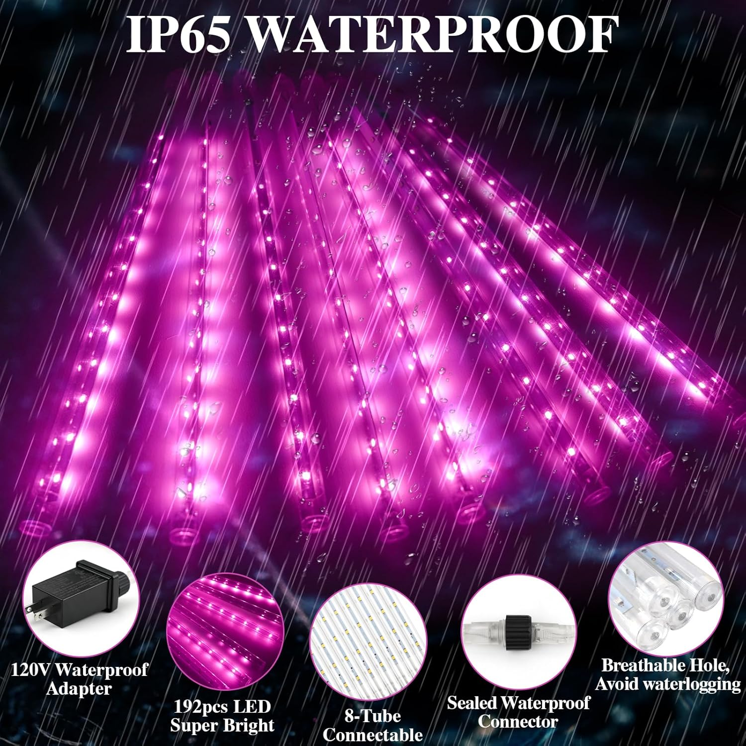 Luces de lluvia de meteoritos, 192 luces LED de lluvia que caen, 8 tubos de 11.8 pulgadas, luces de Navidad impermeables para enchufar, luces LED de