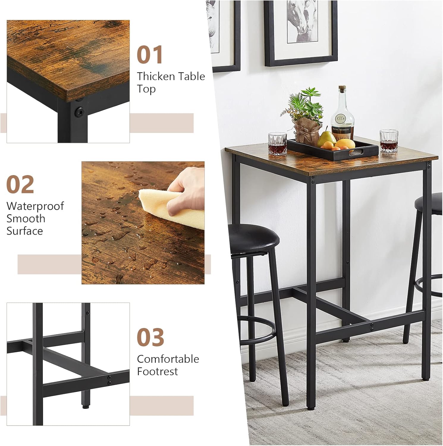 Juego de mesa y silla de bar industrial para 2 mesas y taburetes de altura de mostrador con respaldo, mesa de comedor cuadrada, juego de 3 con