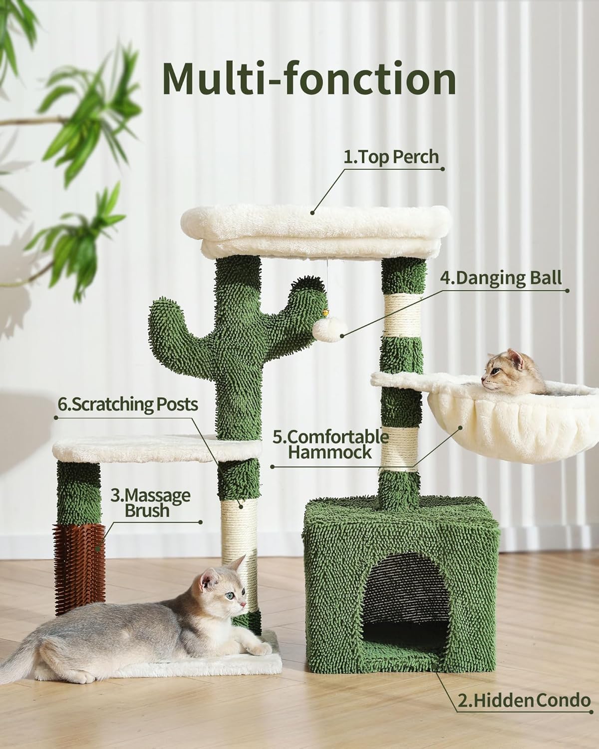 Hoopet Árbol para gatos, torre de cactus de 32 pulgadas para gatos de interior con poste rascador de sisal, acogedor condominio, hamaca, cepillo de