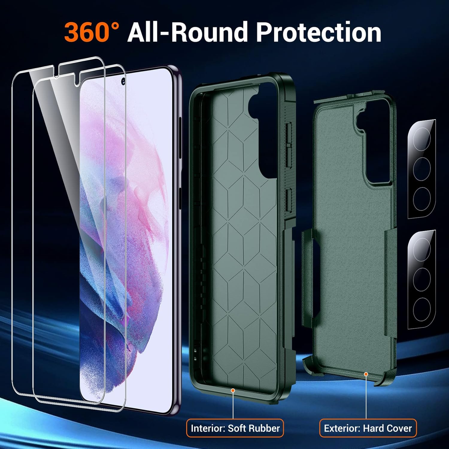 SPIDERCASE Funda para Samsung Galaxy S21, protección contra caídas de grado militar de 10 pies 2 protectores de pantalla de vidrio templado + 2