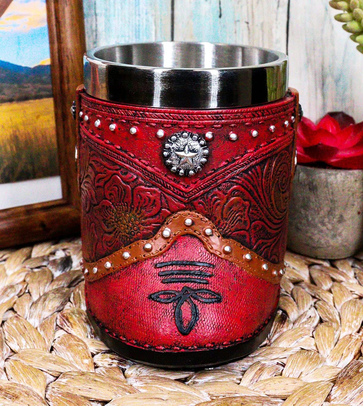 Ebros Gift Bota rústica de vaquera occidental con taza de café con estrella solitaria en piel sintética con acabado floral de desplazamiento floral