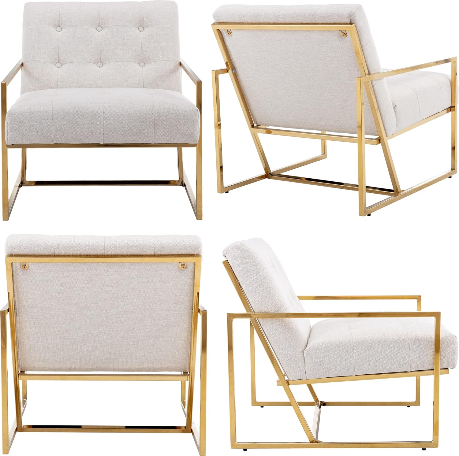 Wahson Sillón moderno, sillón tapizado de lino retro, con marco de metal con acabado dorado, cómodo sillón grande para ocio, sala de