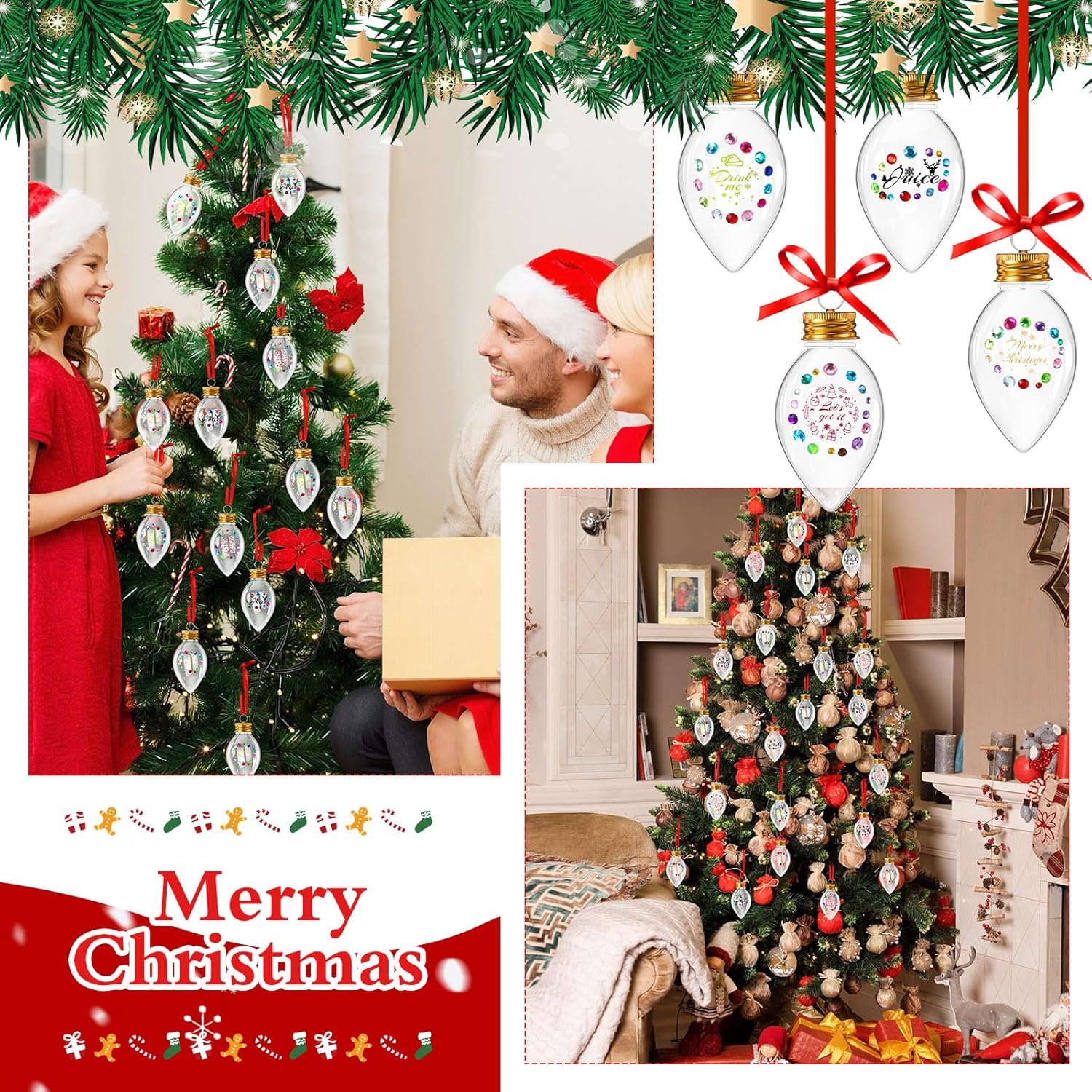 Suttmin 24 bolas de alcohol de Navidad, bolas de plástico transparente para adornos, adorno colgante para árbol con calcomanías de diamantes de