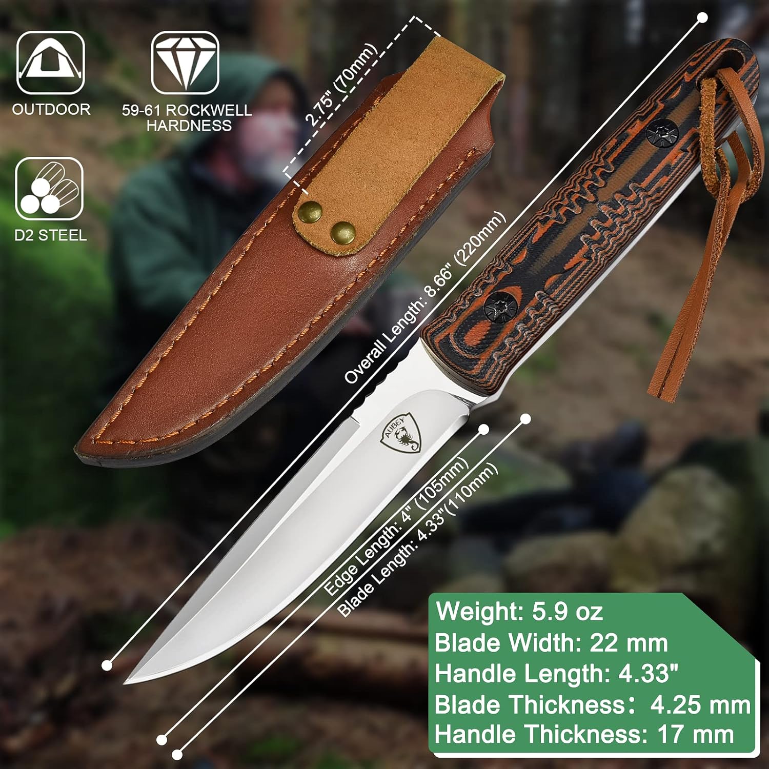 AUBEY Cuchillo de caza de hoja fija de espiga completa con funda de cuero para hombres, hoja D2 cuchillo de supervivencia al aire libre, mango G10