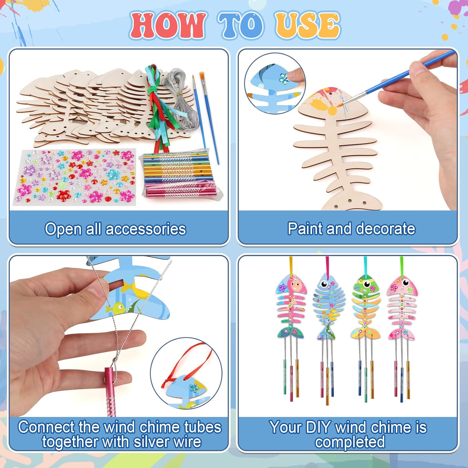 Beria Kits de campanillas de viento para niños, paquete de 12, haz tu propio carillón de viento de pescado, manualidades de madera para niños,