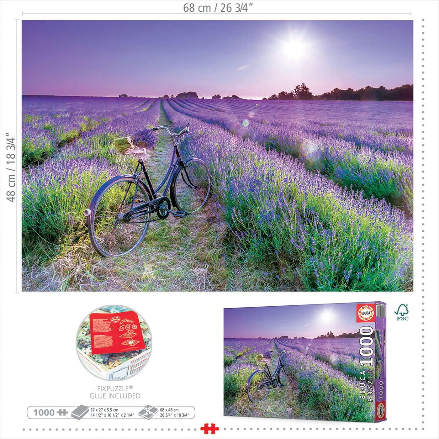 Educa – Bicicleta en un campo de lavanda – Rompecabezas de 1000 piezas – Pegamento para rompecabezas incluido – La imagen completa mide 26.8 x 18.9