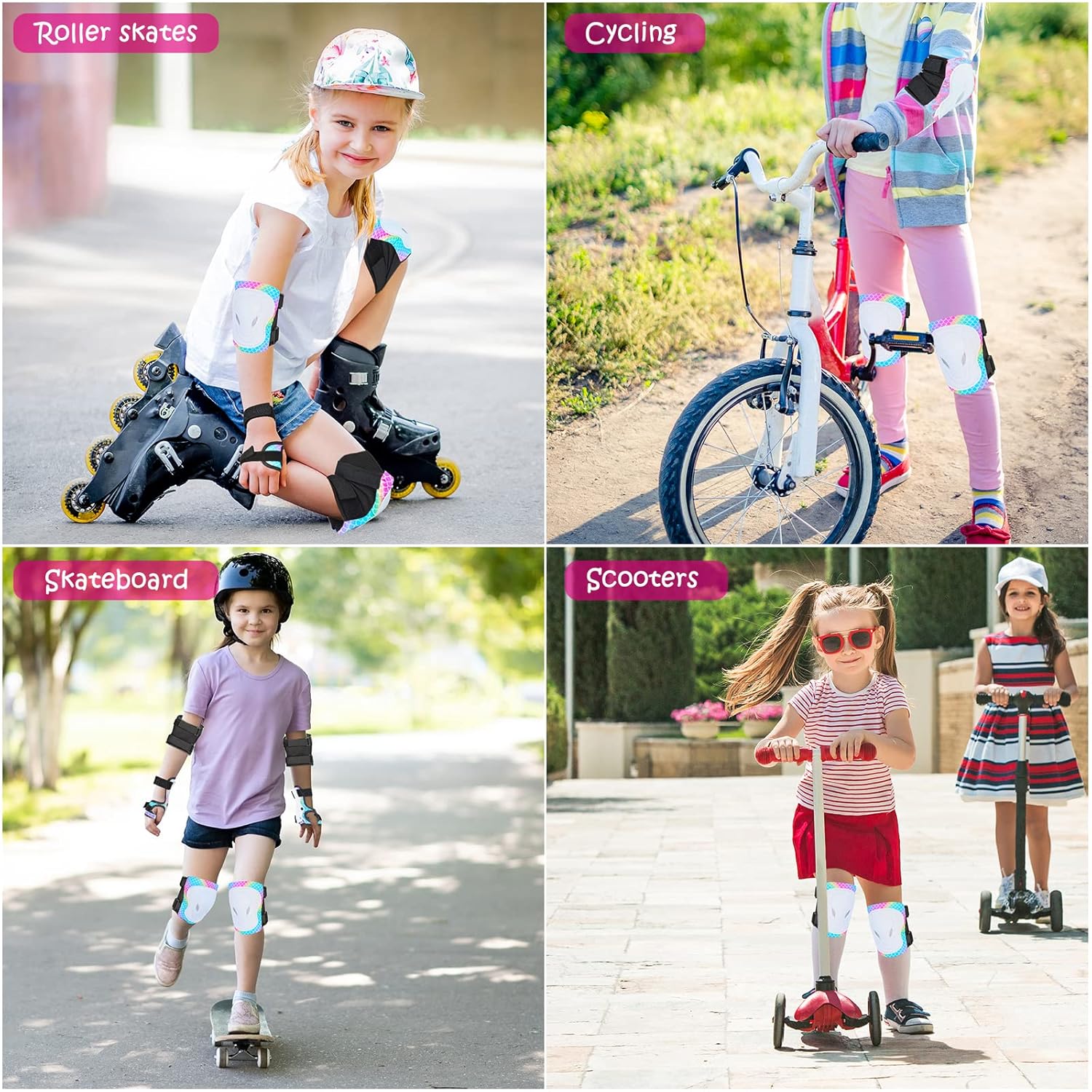 Rodilleras para niños, coderas, muñequeras con bolsa de malla con cordón, juego de equipo de protección 7 en 1 para niñas y niños para patinaje,