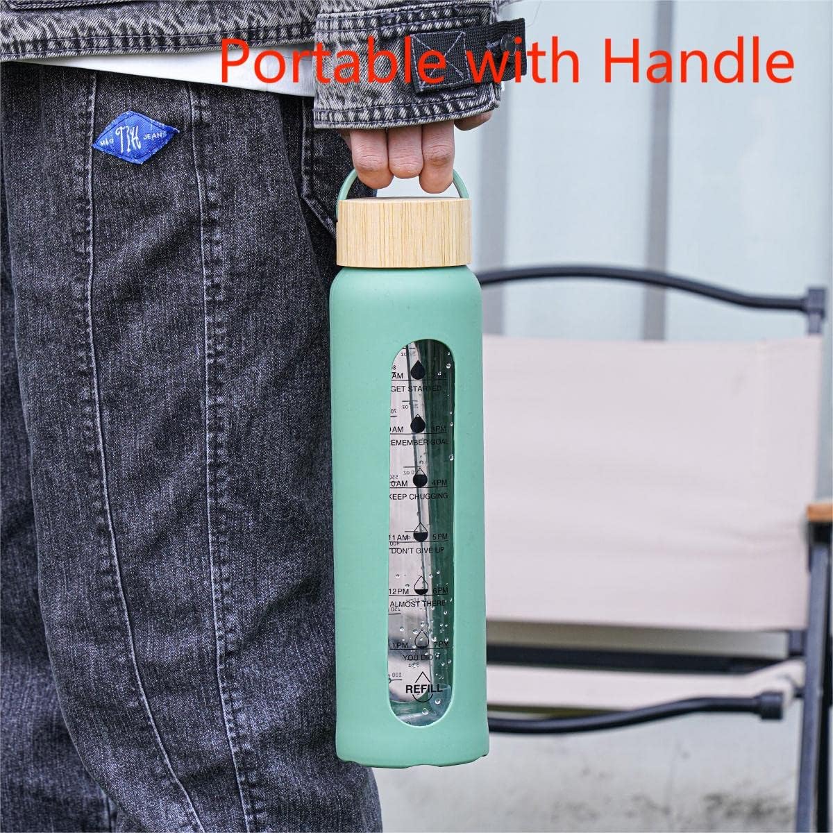 Botella de agua de vidrio de 32 onzas con funda de silicona, tapa de bambú, boca ancha, botella de agua motivacional con marcador de tiempo, popote