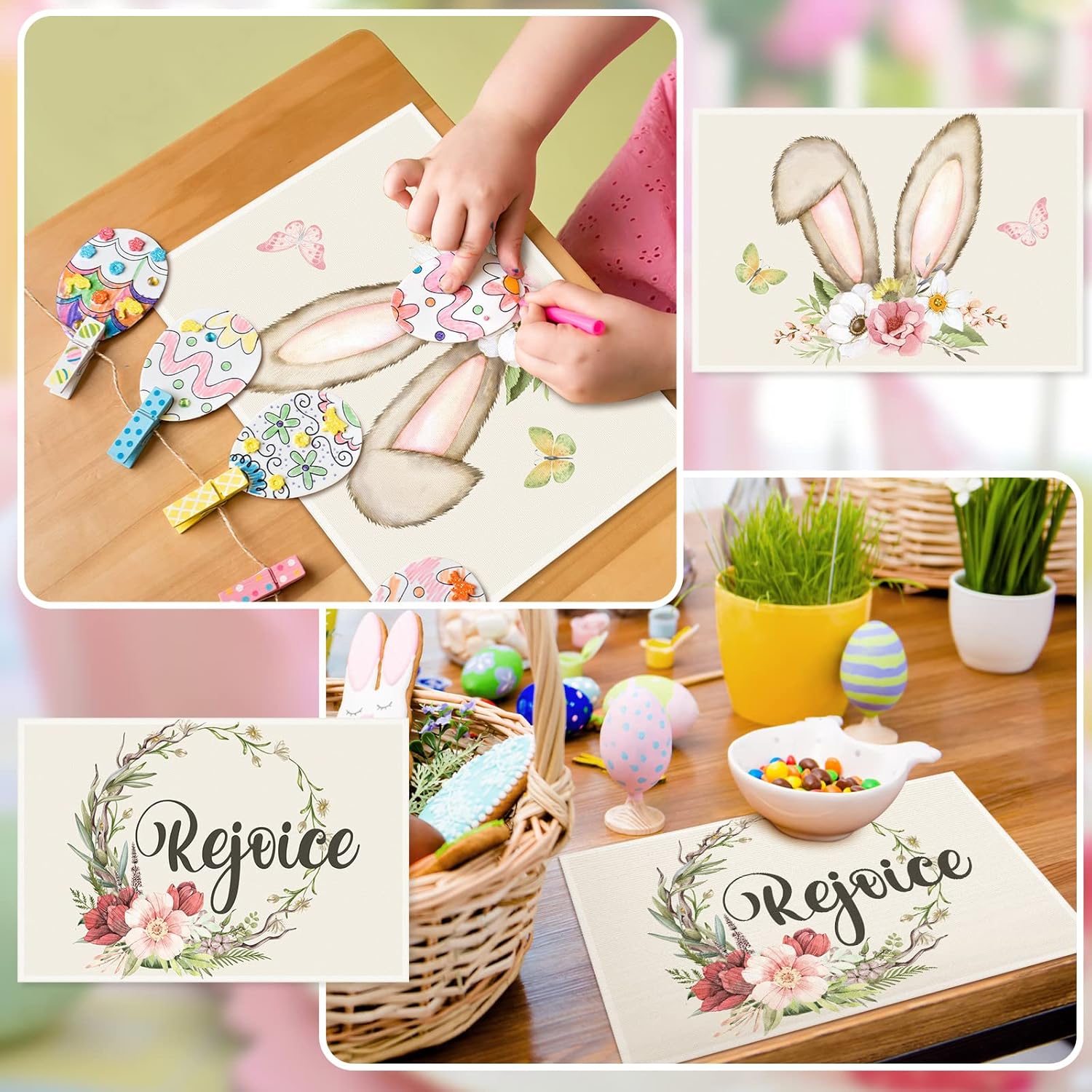 Juego de 4 manteles individuales con diseño de conejo de Pascua, 12 x 18 pulgadas, resistentes al calor, con diseño floral y diseño floral de
