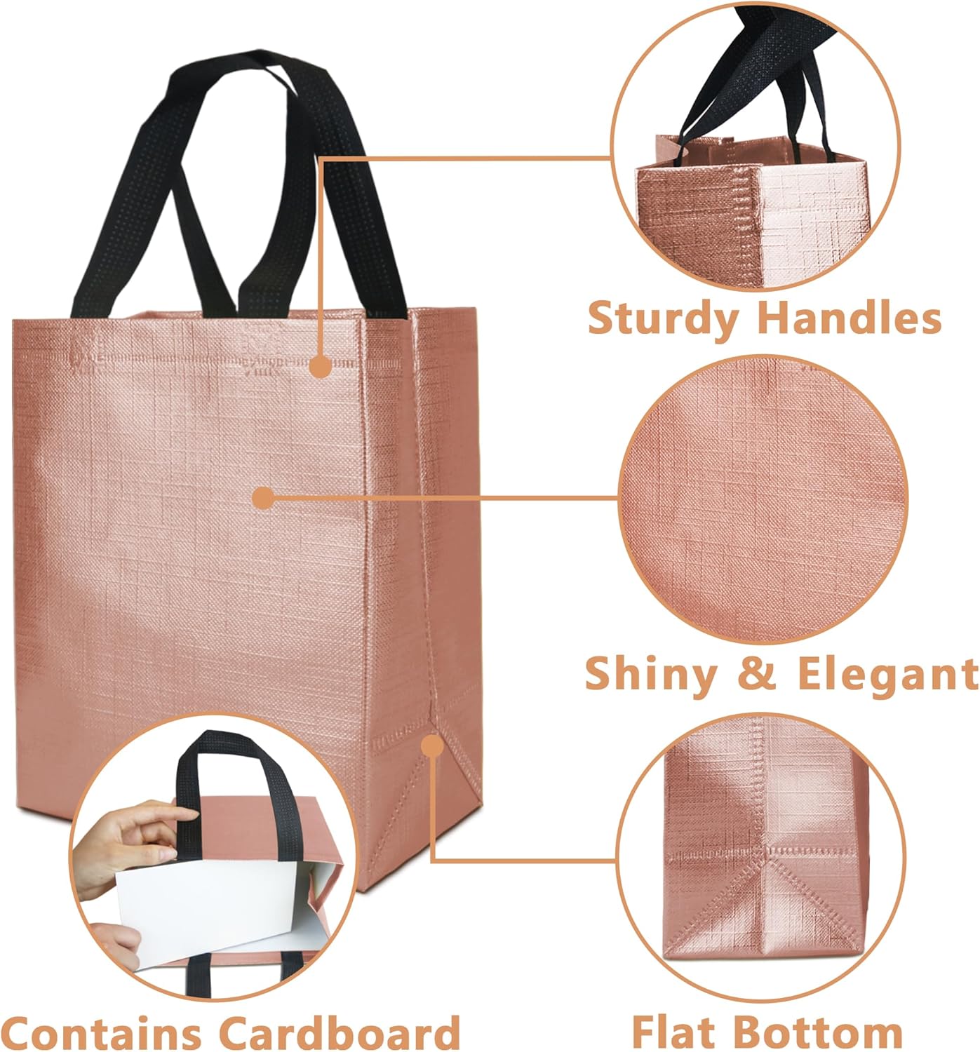 Paquete de 12 bolsas de regalo medianas de color oro rosa, bolsas de regalo reutilizables con asas, resistentes, brillantes, metálicas, no tejidas,
