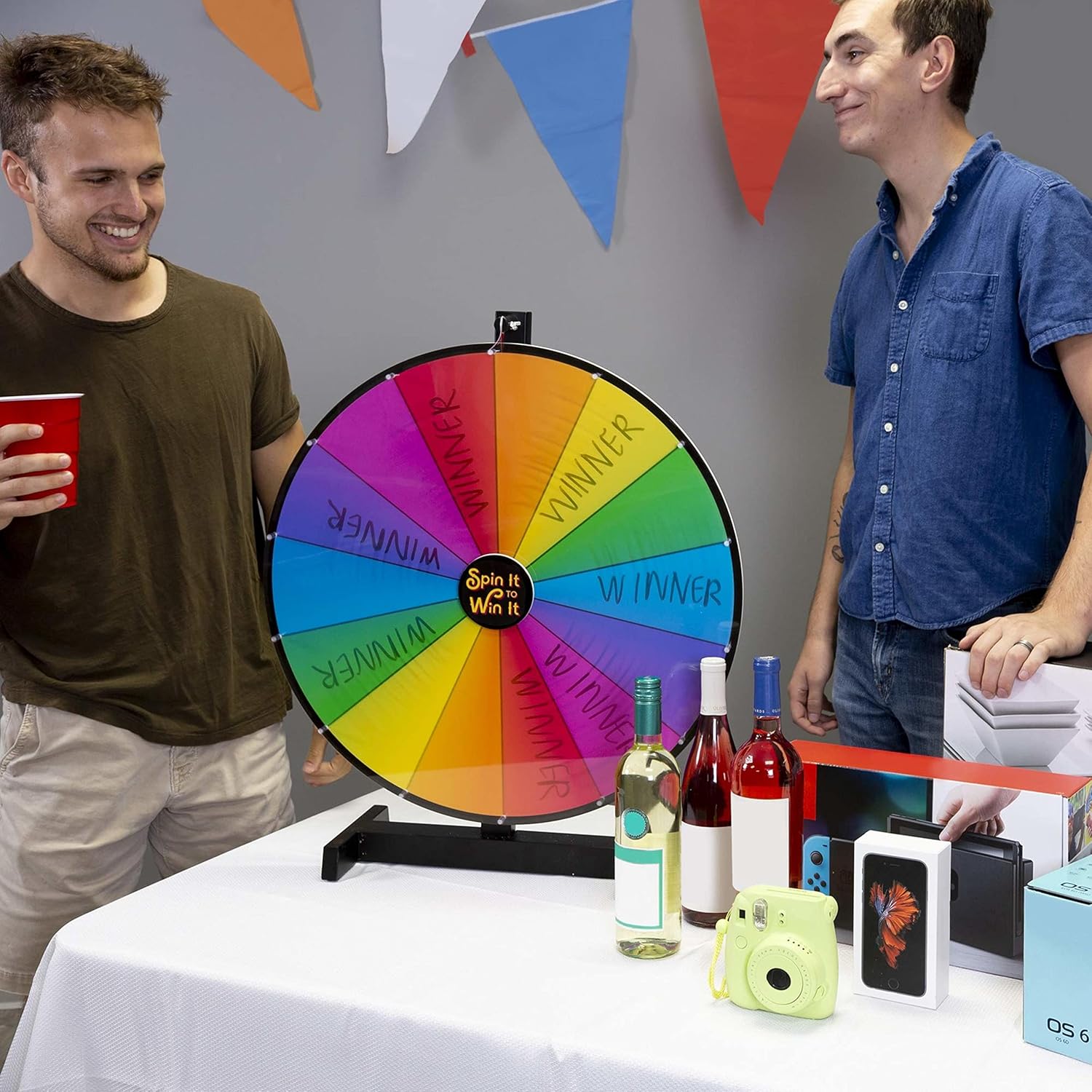 Brybelly Spin it to Win It – Rueda de premio jumbo, 24 pulgadas, 14 ranuras coloridas, botón personalizable, velocidad de giro ajustable, ruedas de