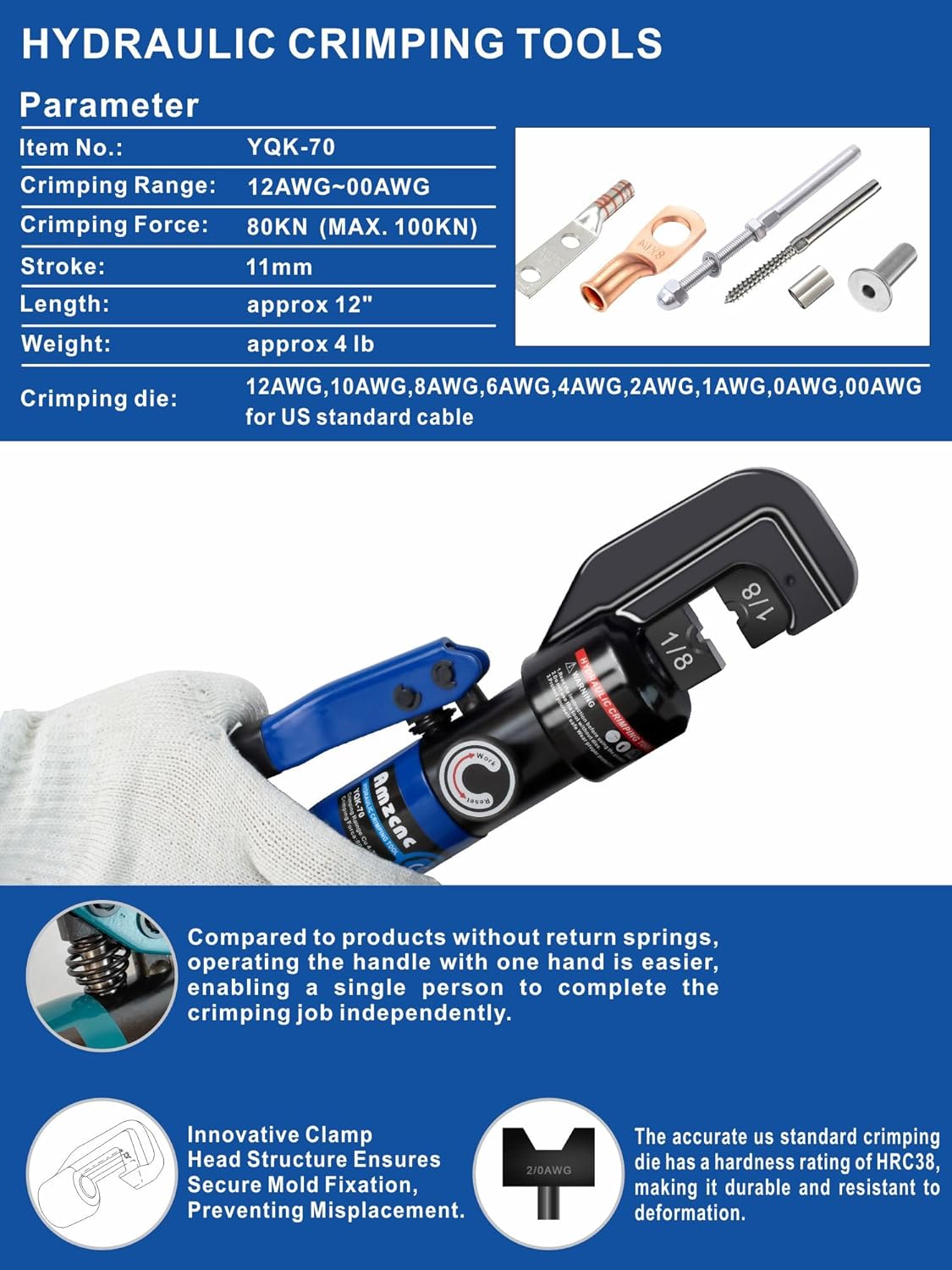 AMZCNC Herramienta de prensado hidráulico de 10 toneladas con 9 troqueles estándar de EE. UU. para 12 AWG a 20 AWG, herramienta hidráulica para