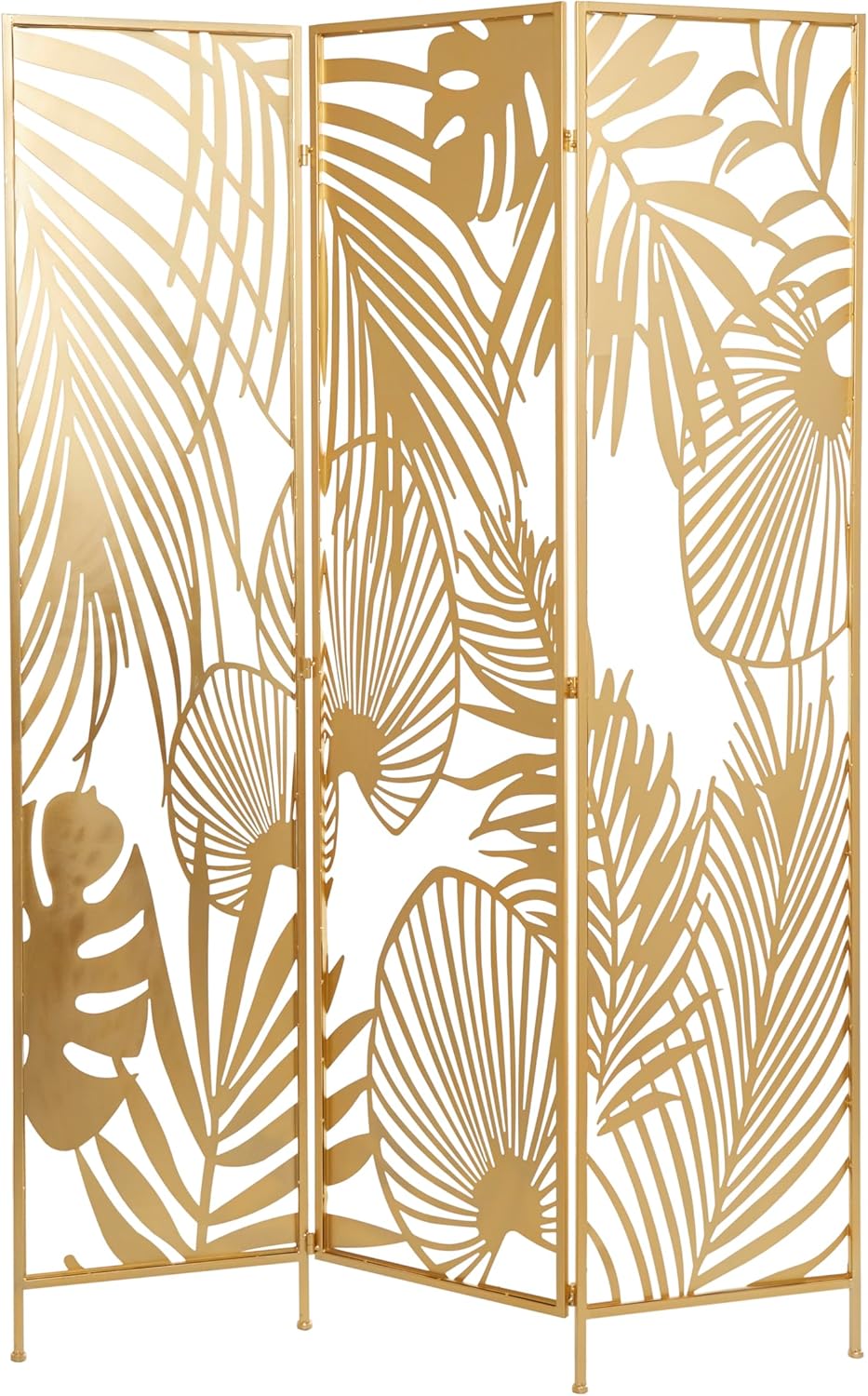 Deco 79 Divisor de ambientes de metal plegable con recorte de hoja de palmera, 3 paneles de privacidad, división de habitación 48 x 1 x 71 pulgadas,