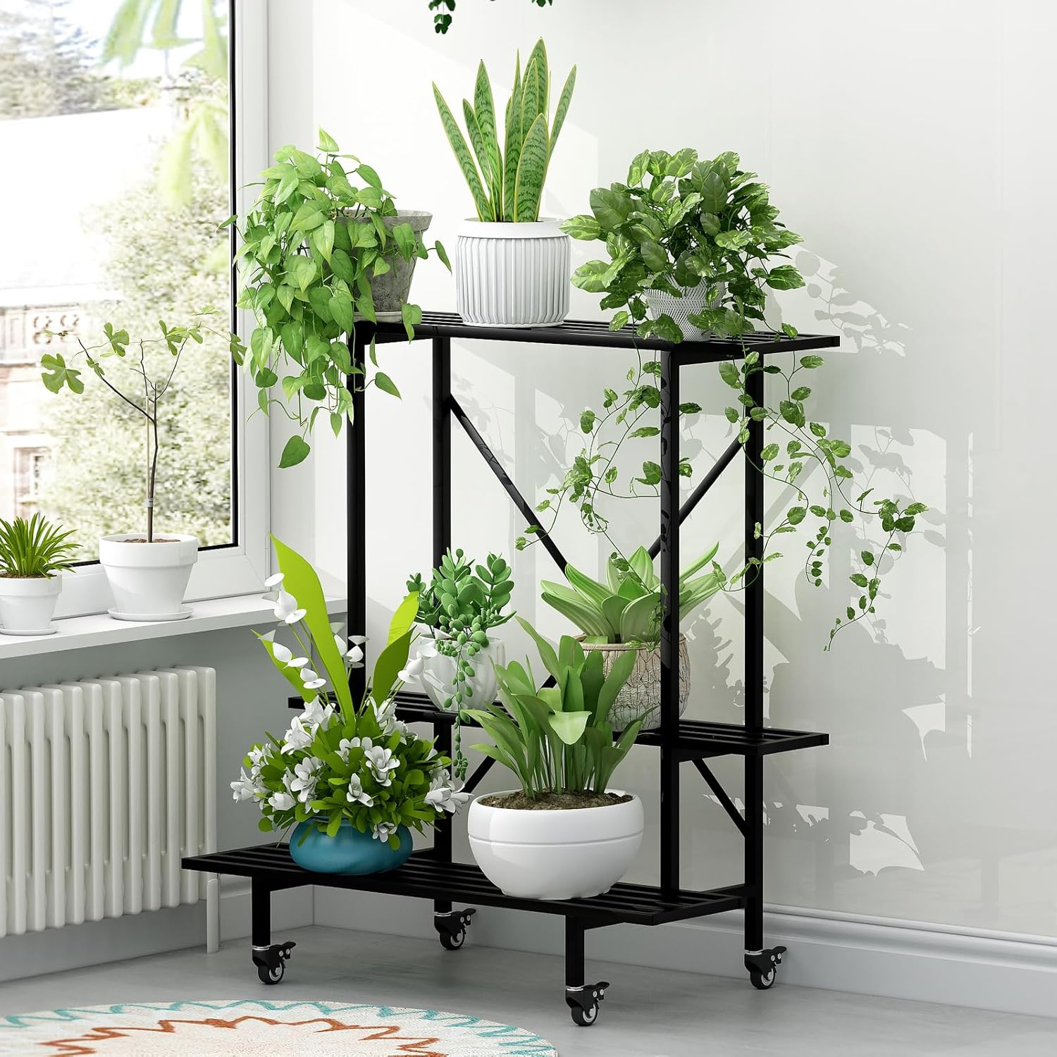 Zhongma Soporte para plantas de 3 niveles con ruedas, soporte de metal Heary Duty, 35.43 pulgadas de largo x 17.5 pulgadas de ancho x 38.6 pulgadas