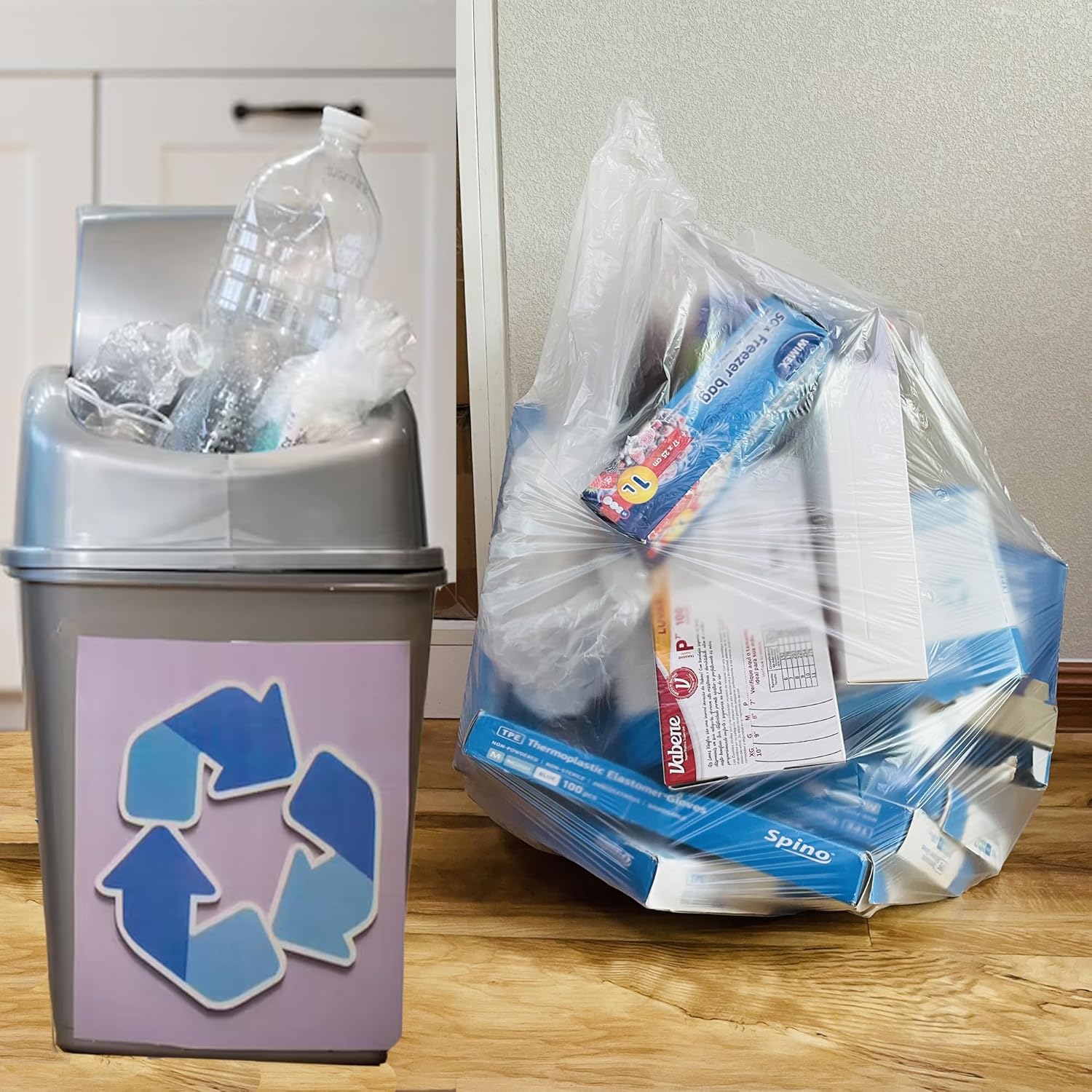 BEIDOU-PAC Bolsas de basura de 4 a 6 galones, 300 unidades a granel, bolsas de reciclaje de plástico transparente, bolsas de basura multiusos para