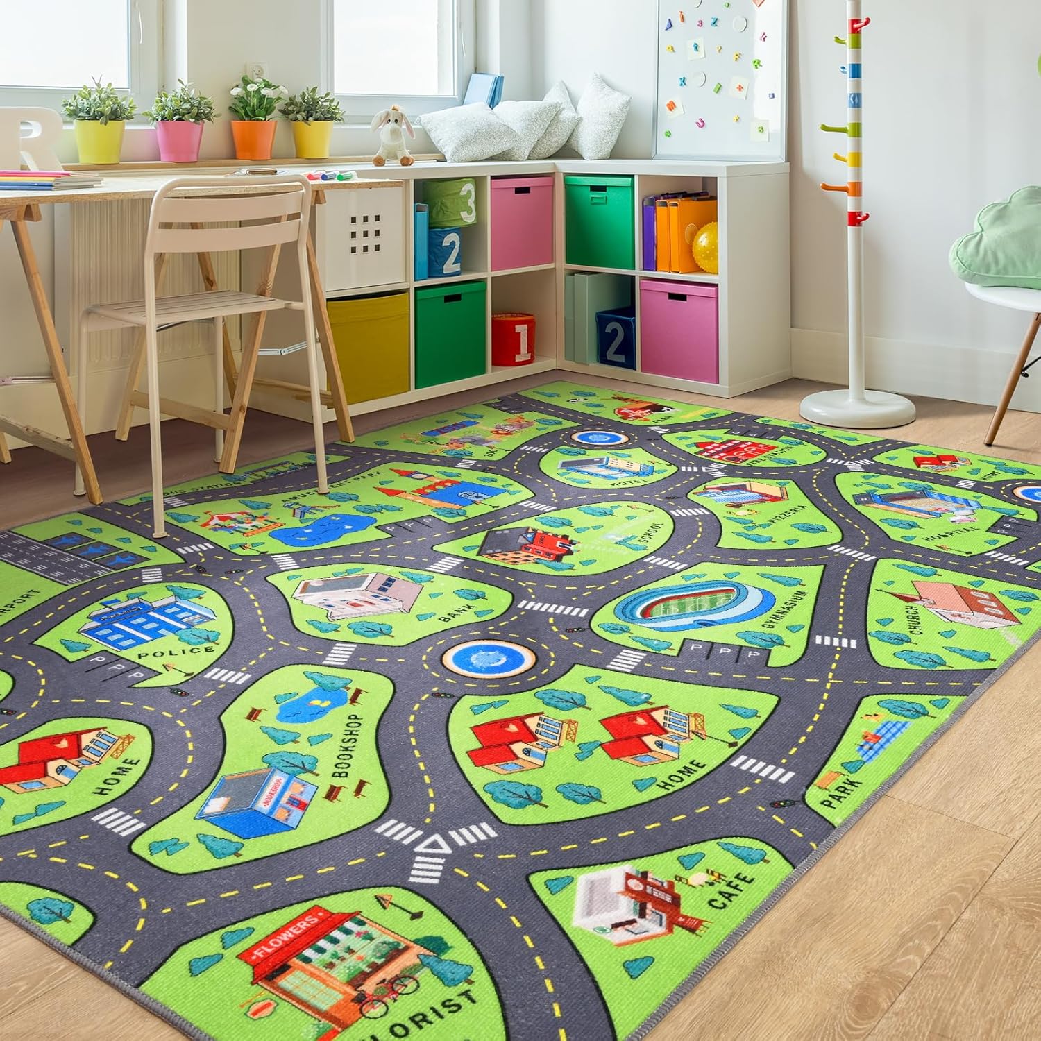 Alfombra de juego para niños de 4 x 6 pies, alfombra educativa para niños para autos de juguete, alfombra antideslizante para sala de juegos para
