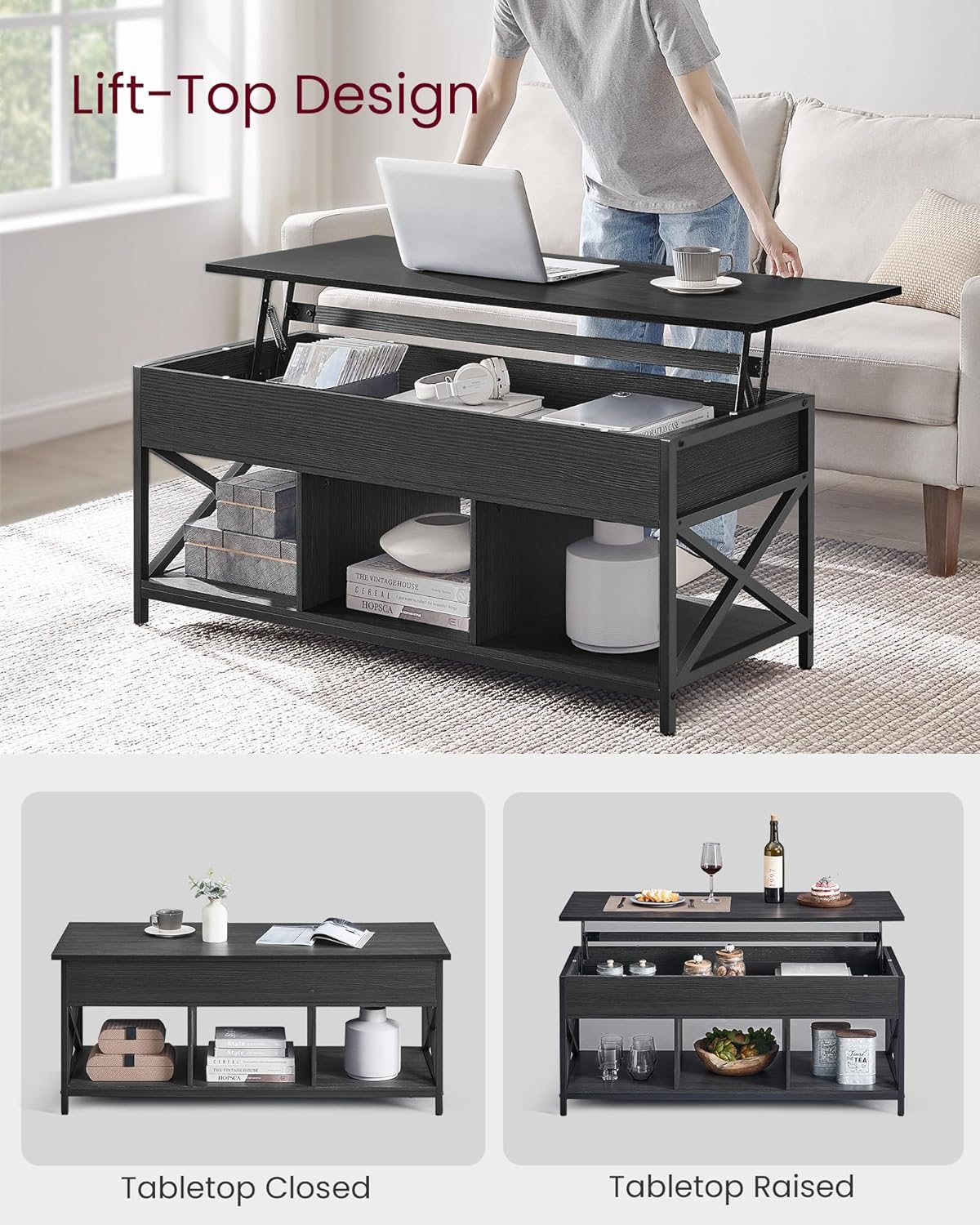 VASAGLE ULCT212B22 – Mesa auxiliar elevable con estante de almacenamiento, compartimentos ocultos y parte superior elevable, para sala de estar,