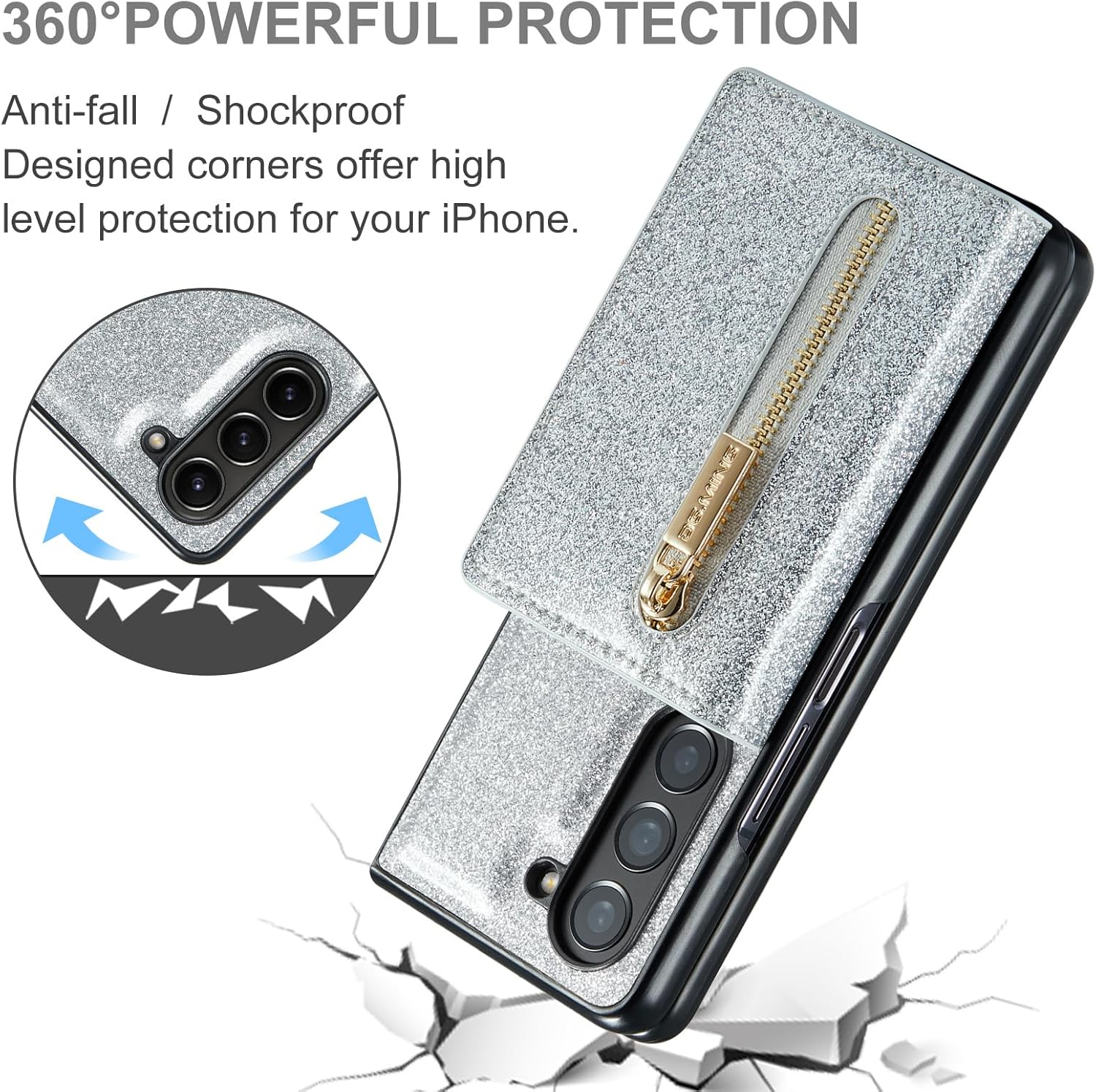 Asuwish Funda de teléfono para Samsung Galaxy Z Fold 5 5G Funda tipo cartera y ranura para tarjeta de crédito, soporte con purpurina de cuero