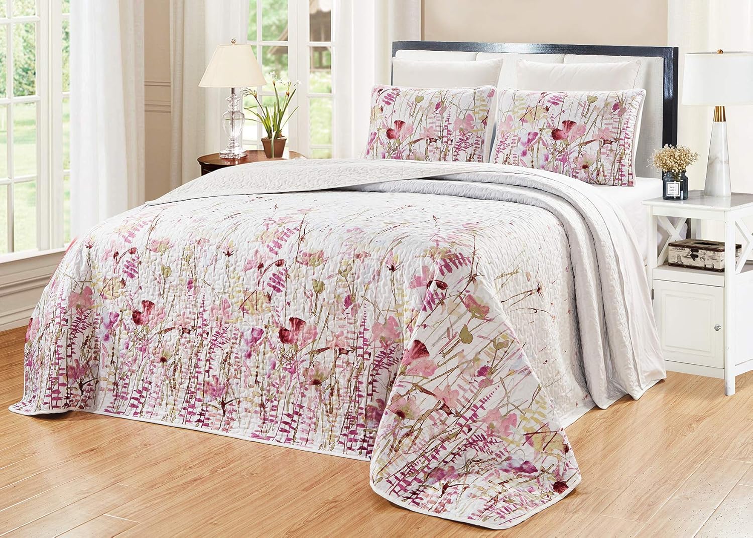 Juego de edredón Grand Linen de 3 piezas, con estampado fino, colcha reversible, colcha de matrimonioqueen, king y california king