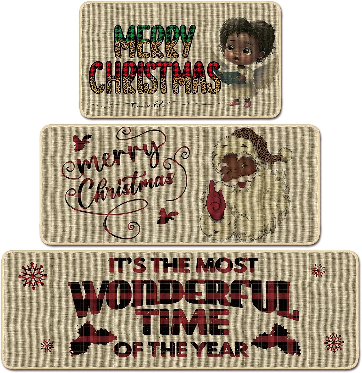 Layhit Juego de 3 alfombras de cocina de Navidad, Papá Noel, afroamericano, Papá Noel, tapete de cocina de Papá Noel afroamericano, Feliz Navidad,