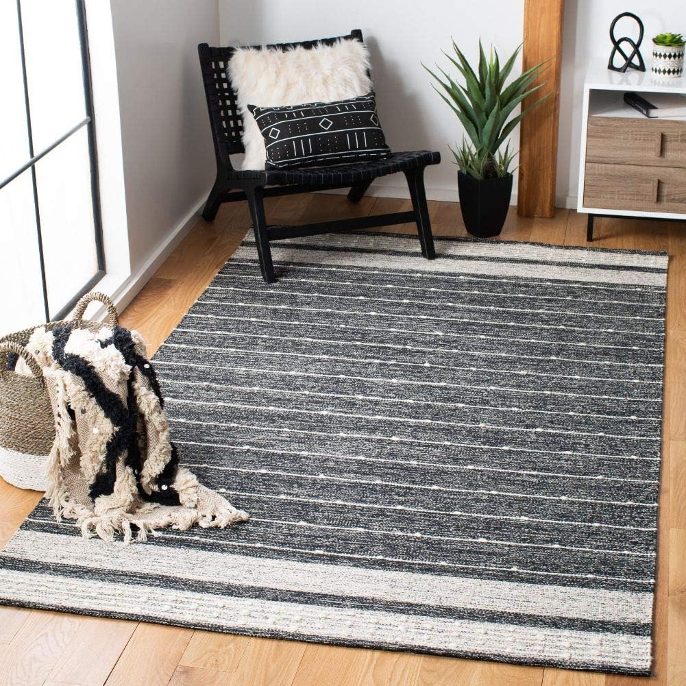 SAFAVIEH Striped Kilim Collection STK509Z – Alfombra de algodón de tejido plano hecho a mano de 4 x 6 pies, color negromarfil