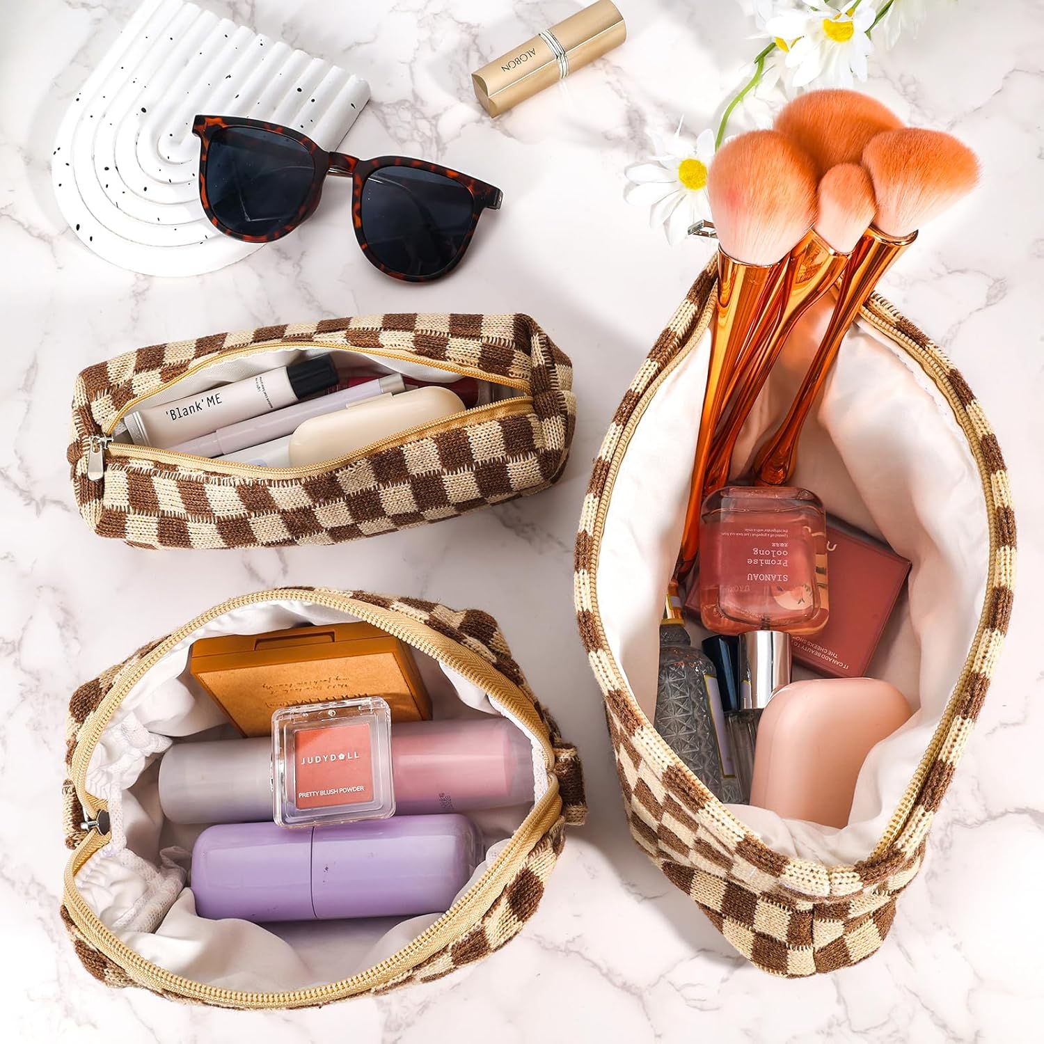 ZLFSRQ Bolsa de maquillaje a cuadros para mujer, juego de bolsa de cosméticos de gran capacidad, bolsa de maquillaje de viaje para bolso,