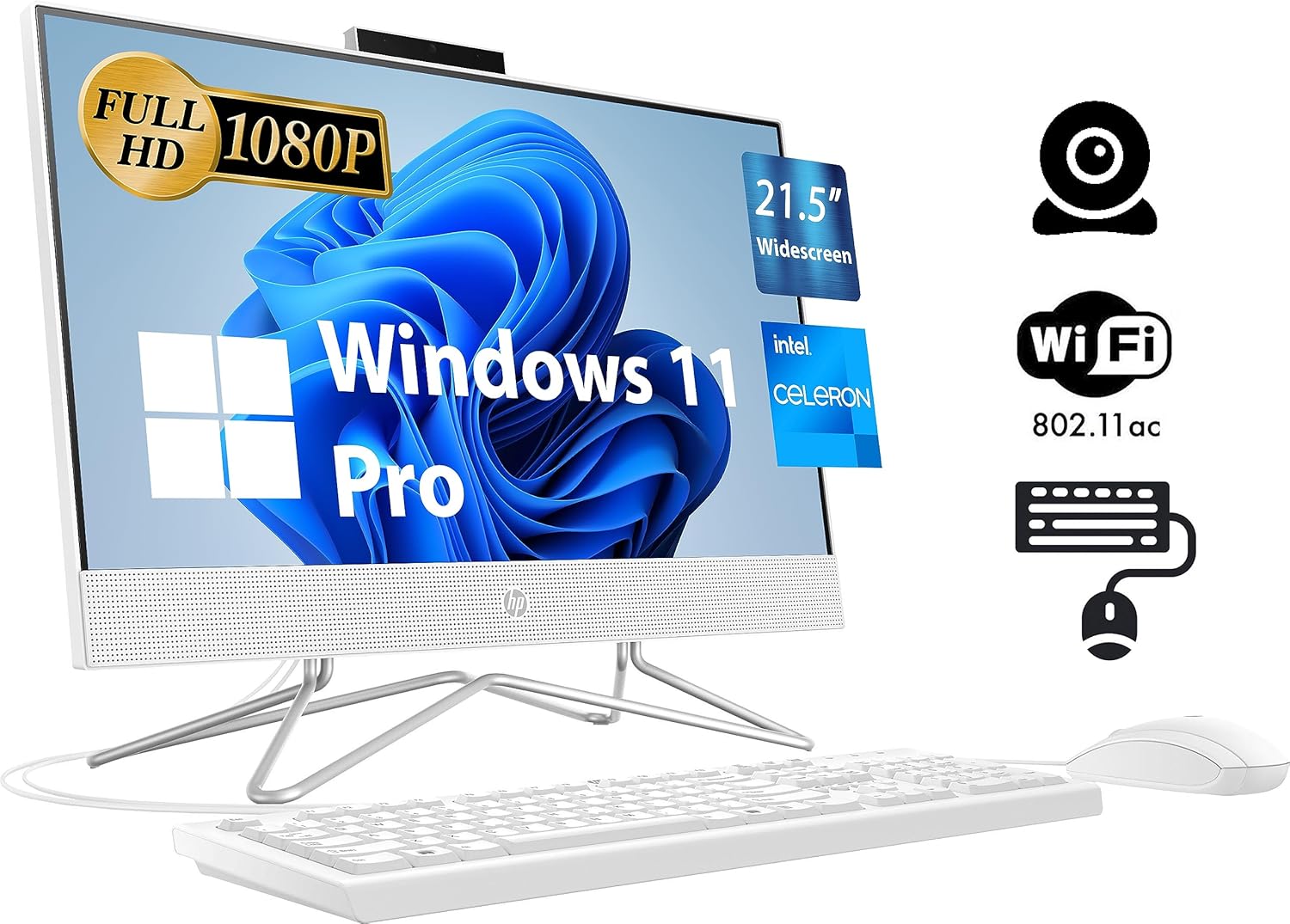HP Escritorio todo en uno 2023, 21.5 pulgadas FHD, Intel Dual-Core Celeron J4025 2GHz, 16GB DDR4, 1TB PCIe SSD, RJ-45, cámara web, HDMI, lector de