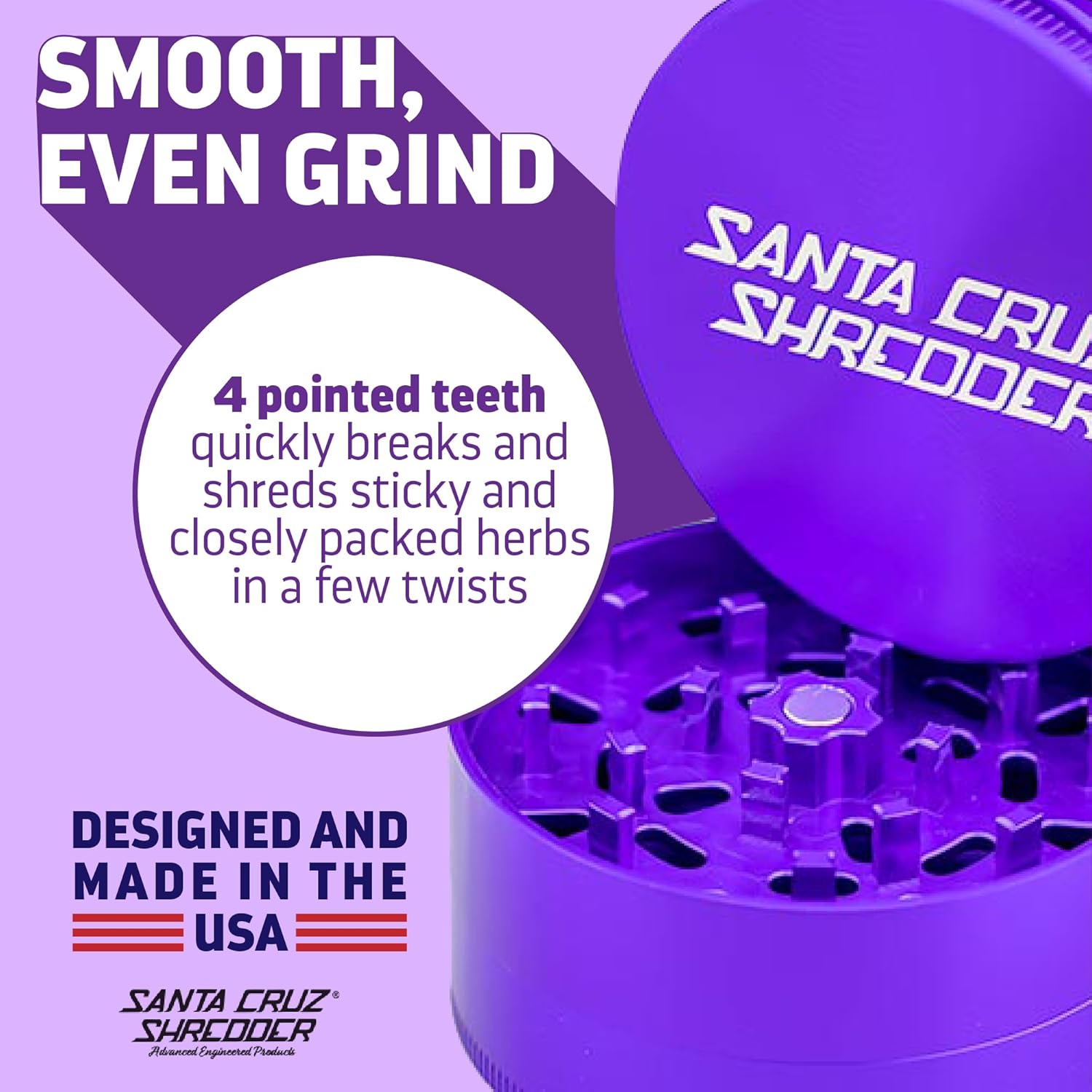 Santa Cruz Shredder Molinillo de hierbas de metal con parte superior moleteada para un agarre más fuerte, 3 piezas, grande de 2.7 pulgadas (morado)