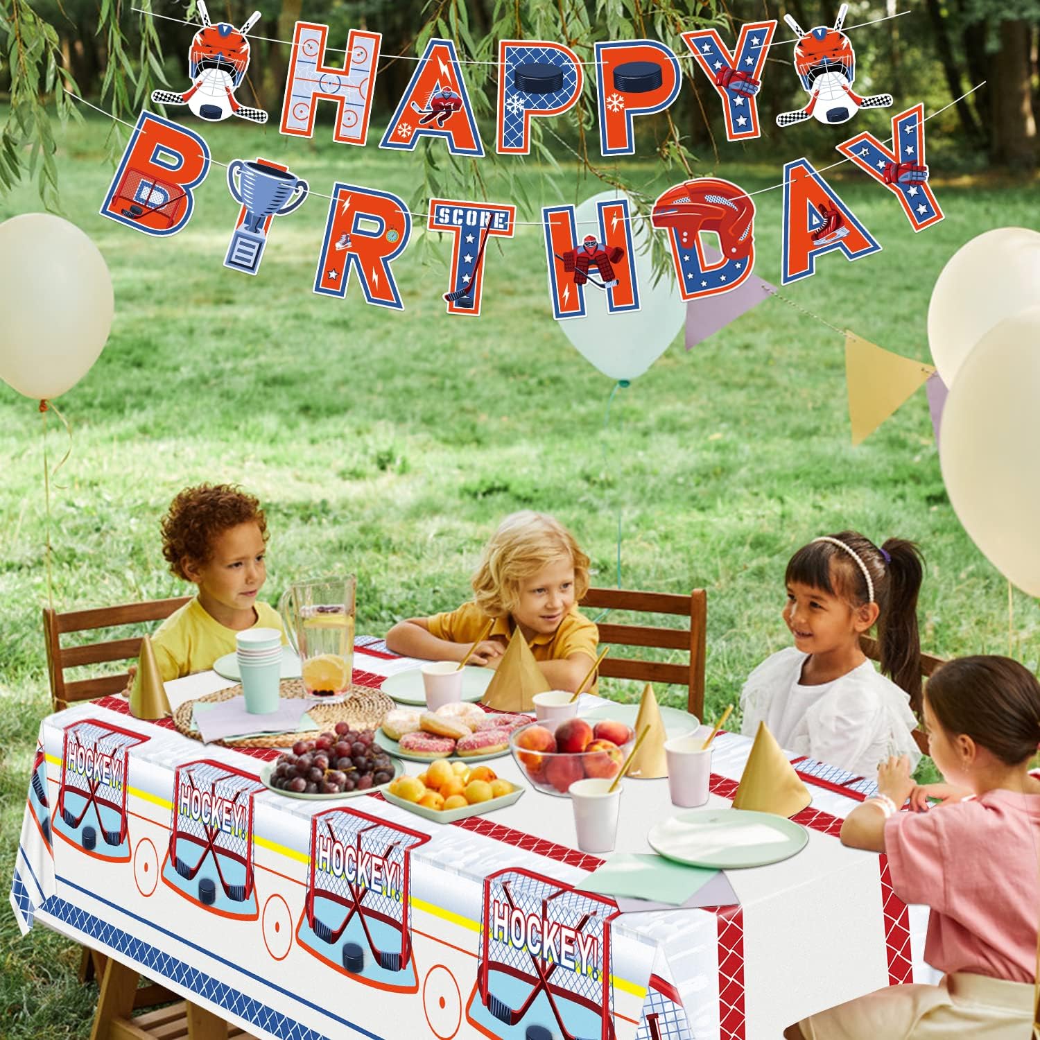 Paquete de 4 manteles de hockey de 86.6 x 51.2 pulgadas, mantel rectangular reutilizable para comedor y cocina, suministros de fiesta de cumpleaños,