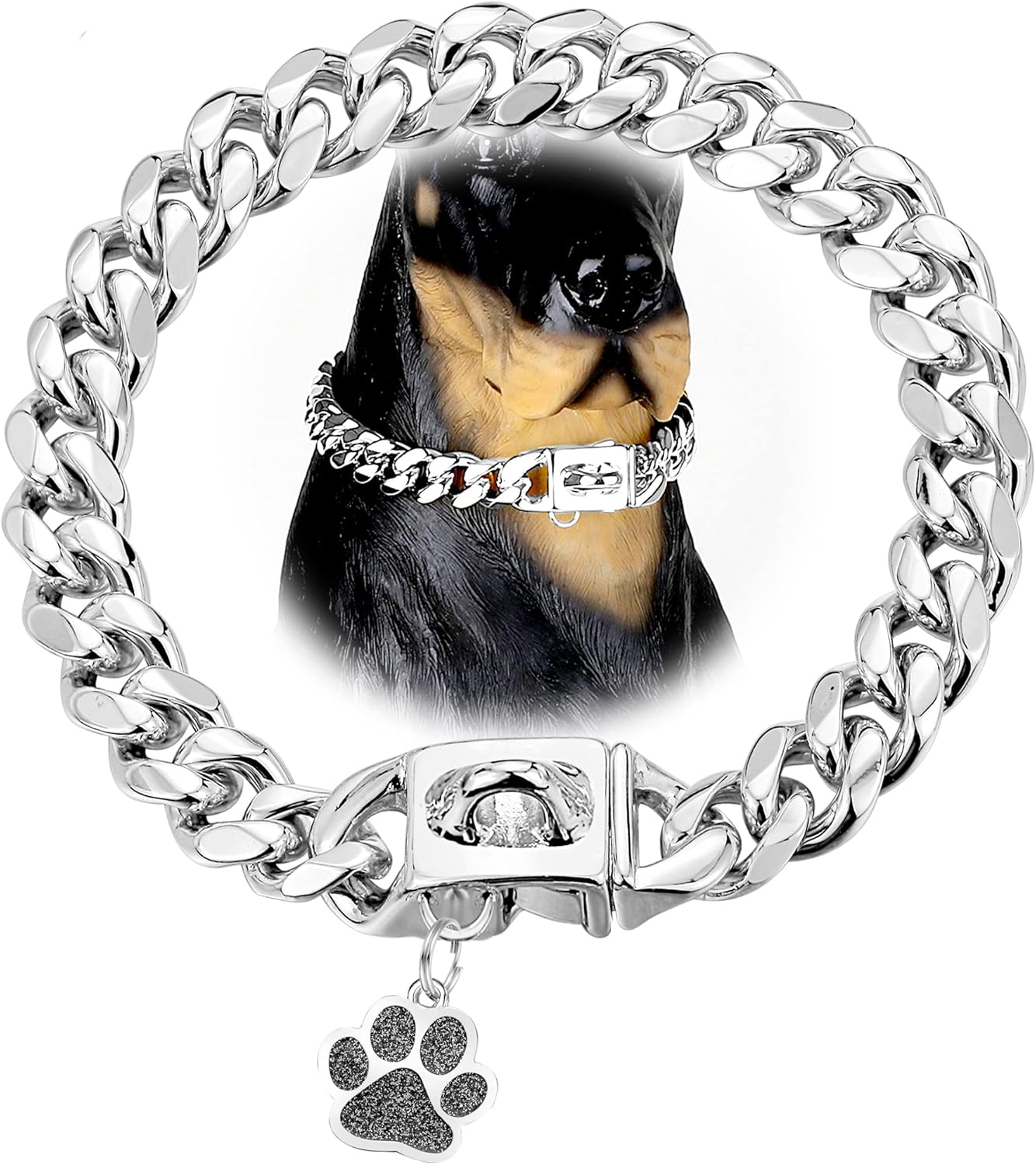 Collar para perro de 0.47 pulgadas con hebilla de placa de identificación de eslabones cubanos plateados, collares de cadena de acero inoxidable