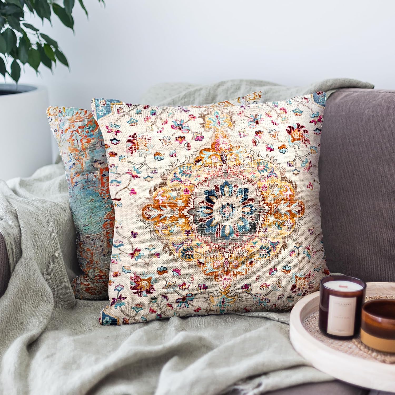 Fundas de almohada bohemias de 16 x 16 pulgadas, fundas de almohada vintage de lino para decoración del hogar, sofá, automóvil, sala de estar,