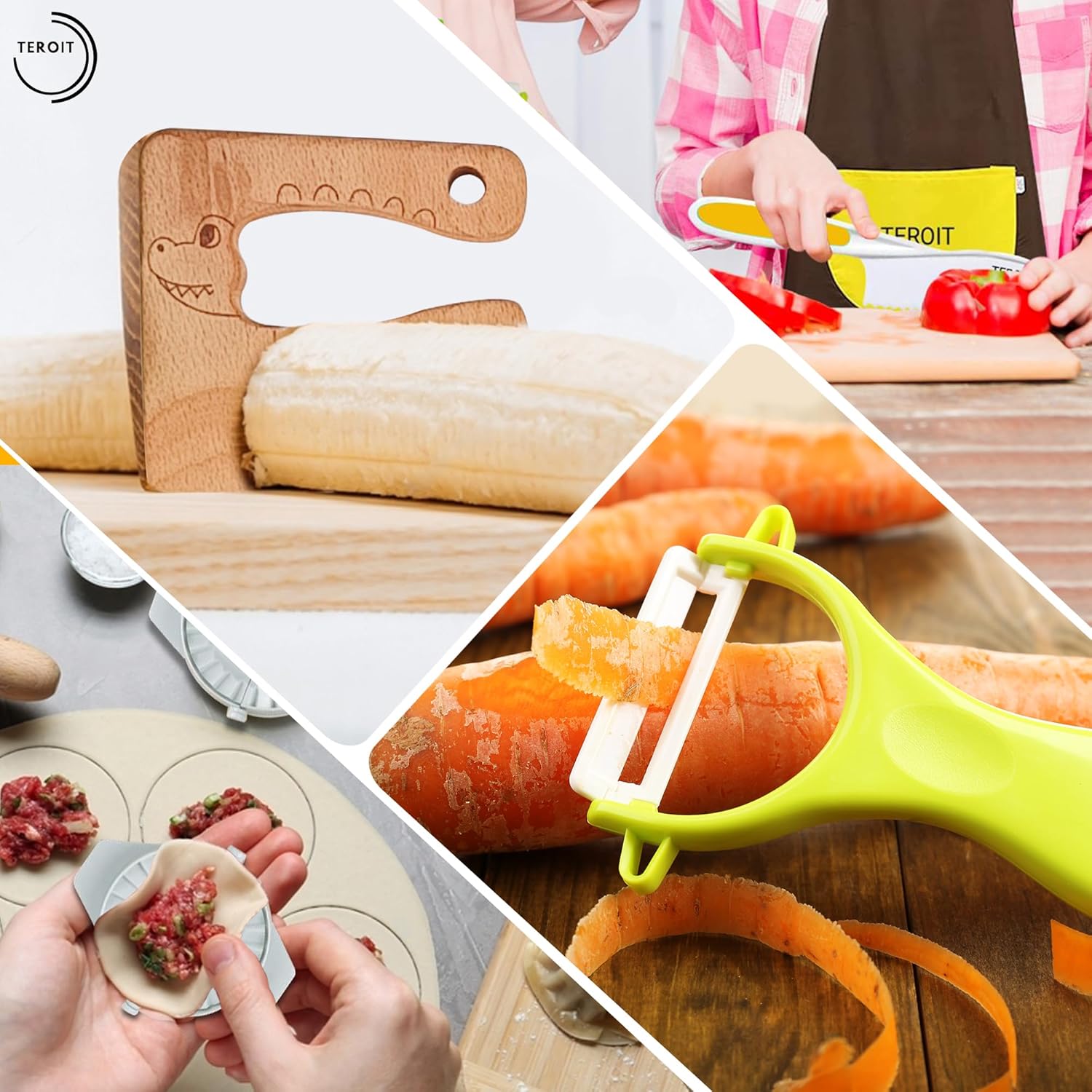 Juego completo de 22 cuchillos infantiles para cocina real, guantes, tabla de cortar frutas, verduras, bordes dentados, cuchillos de plástico para