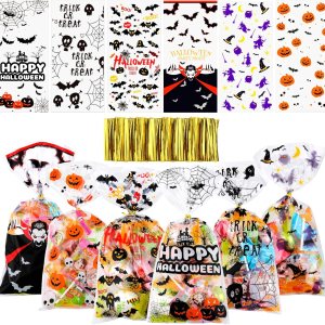 180 bolsas de celofán de Halloween, bolsa de plástico transparente para dulces con lazos dorados para fiestas de Halloween 180 bolsas de celofán de Halloween, bolsa de plástico transparente para dulces con lazos dorados para fiestas de Halloween