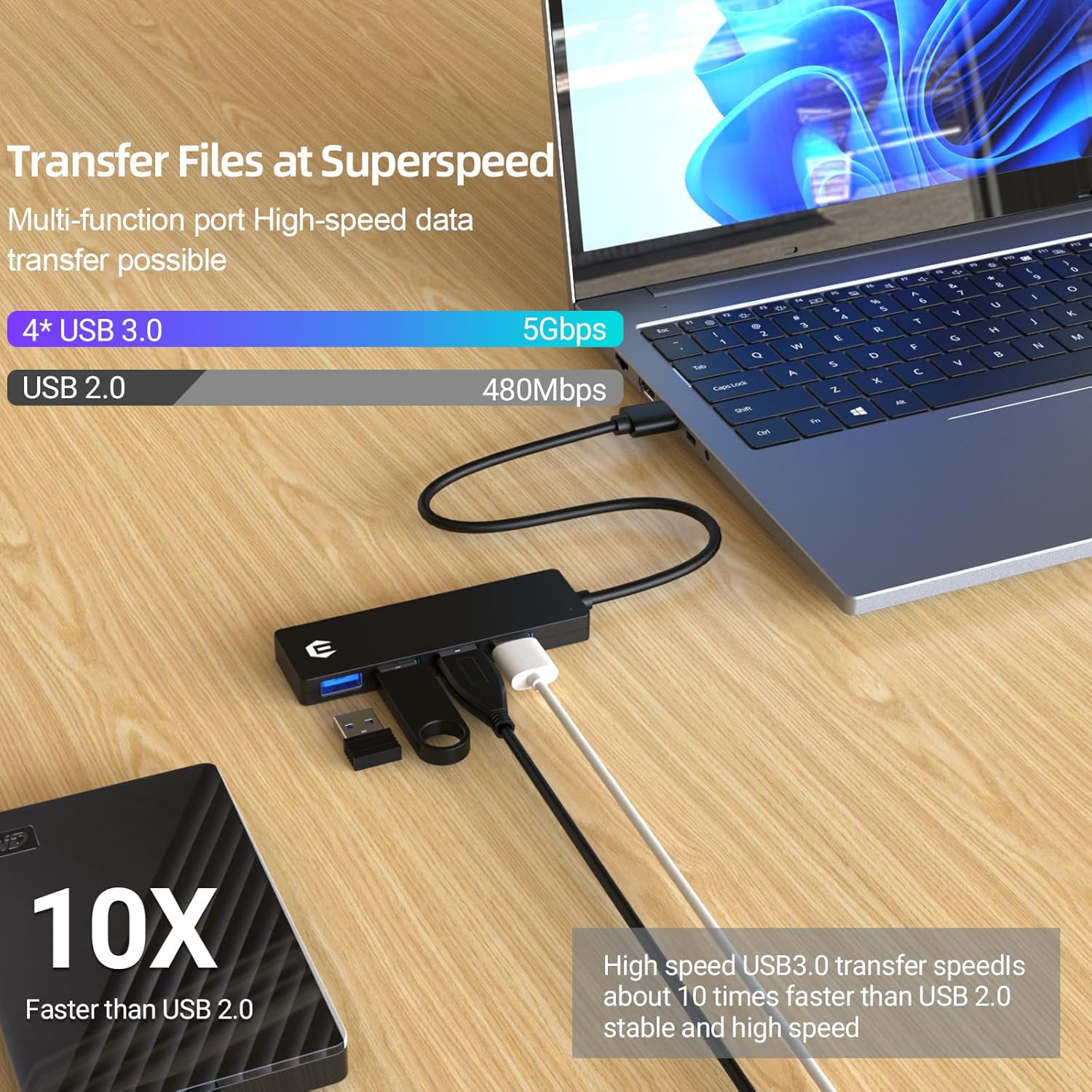 Tiergrade Concentrador USB, concentrador USB 3.0 de 4 puertos con interruptor de alimentación y puerto USB C adicional, adaptador USB ultrafino