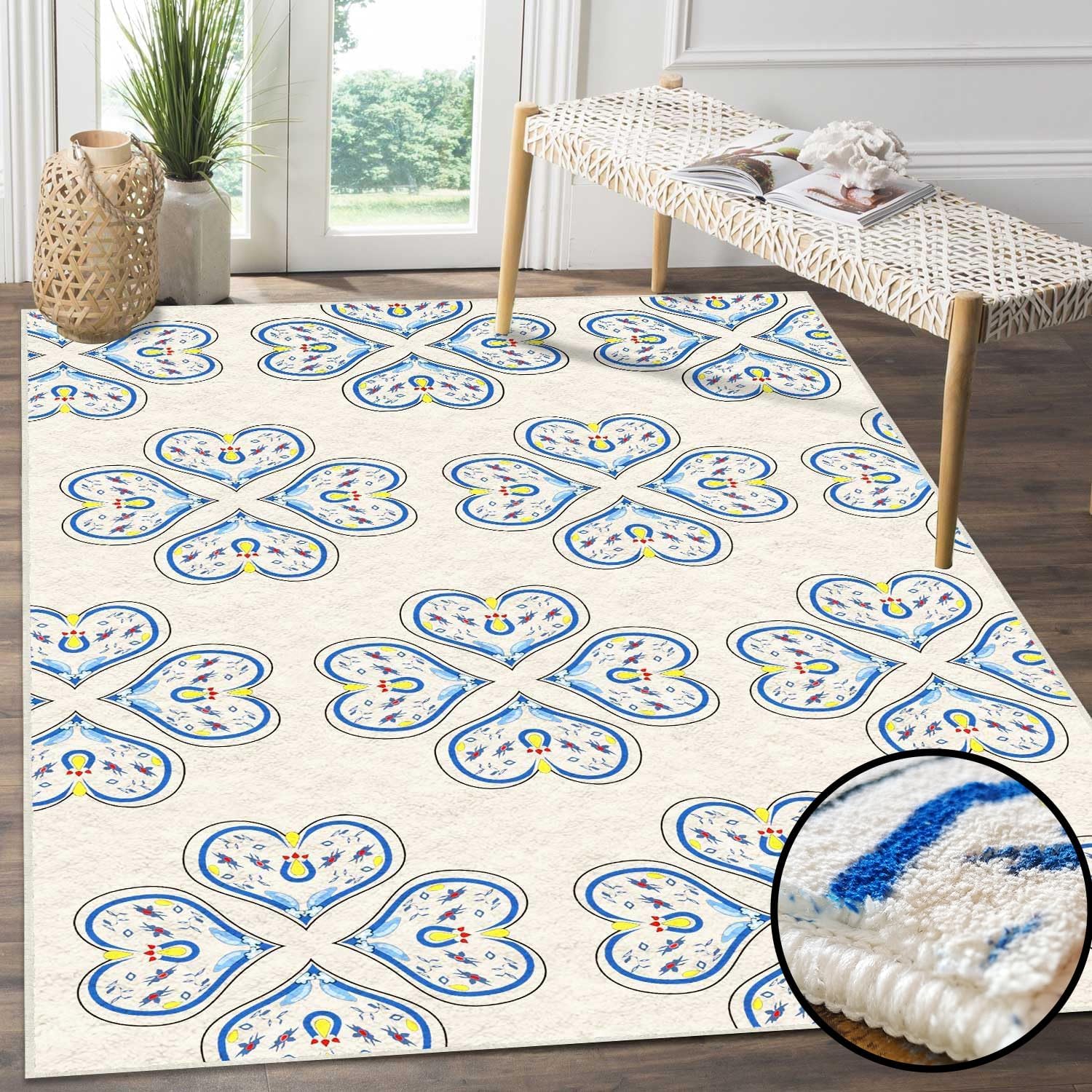 Alfombra de enrejado floral para sala de estar, 3 pies 3 pulgadas x 5 pies 3 pulgadas, cremaazul moderna alfombra de flores que no se desprende,
