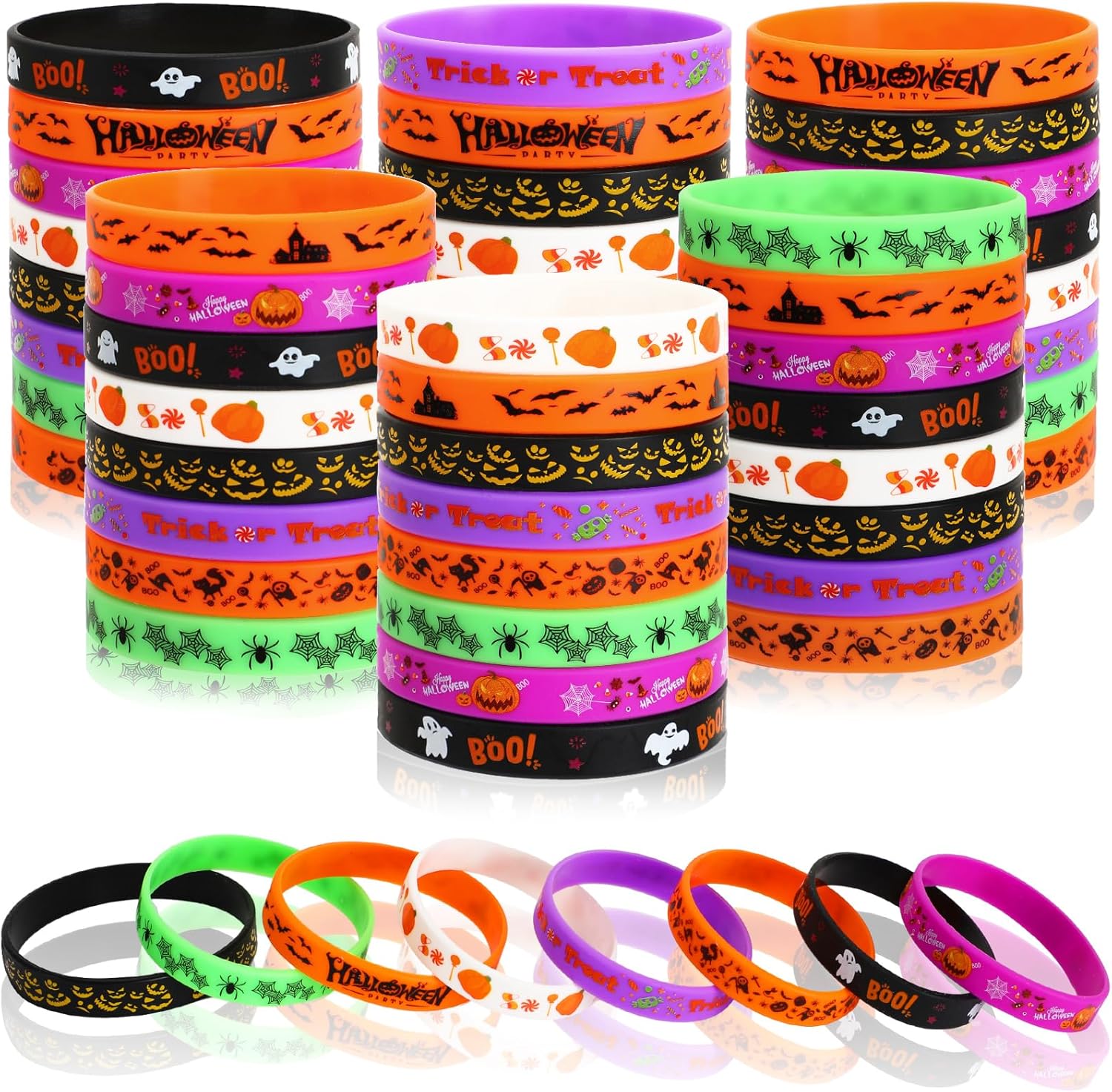 JUNEBRUSHS 64 pulseras de silicona para fiestas de Halloween, pulseras de goma para fiesta de Halloween, dulce o truco, relleno de bolsas de regalo,