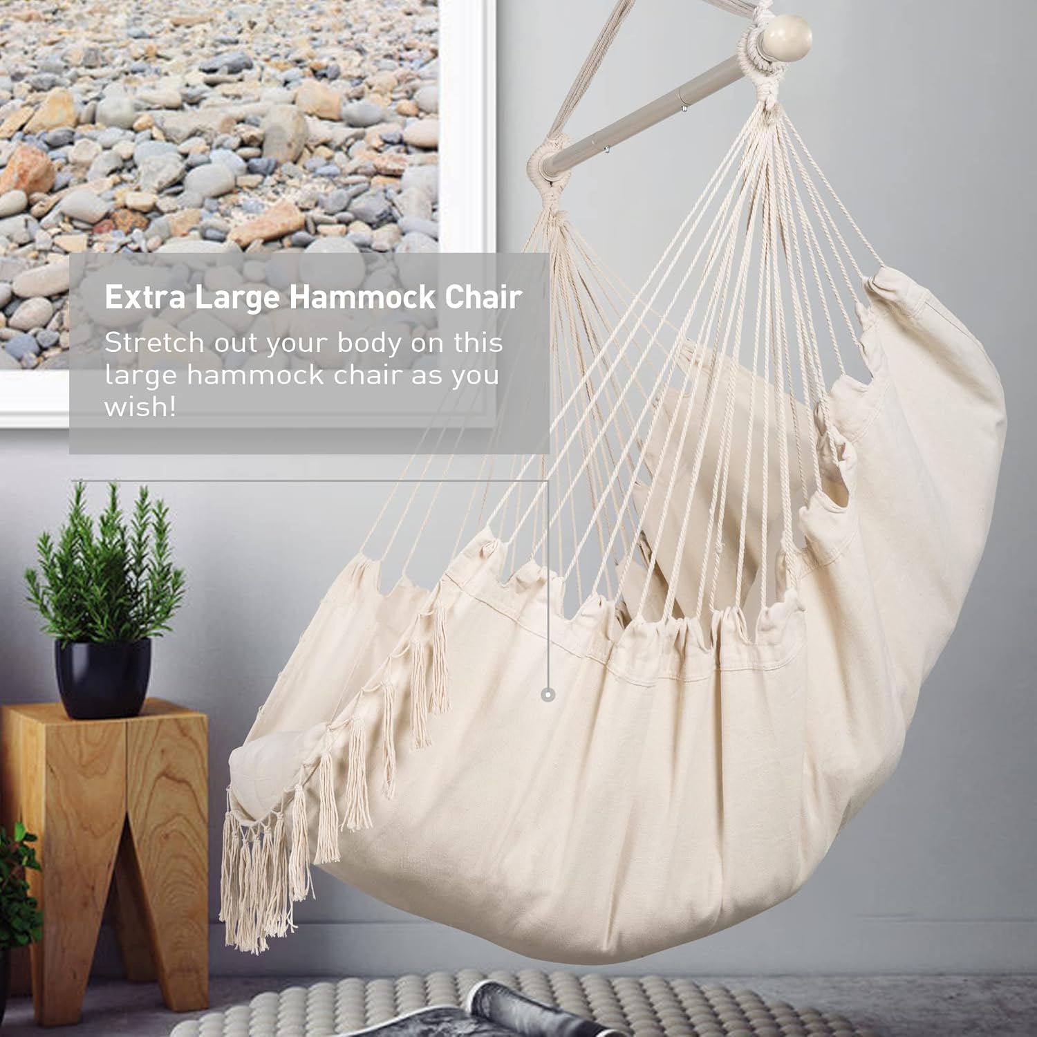SUNCREAT – Silla de hamaca para colgar con cuerda, capacidad máxima de 450 libras, columpio colgante de macramé extragrande con bolsillo lateral,