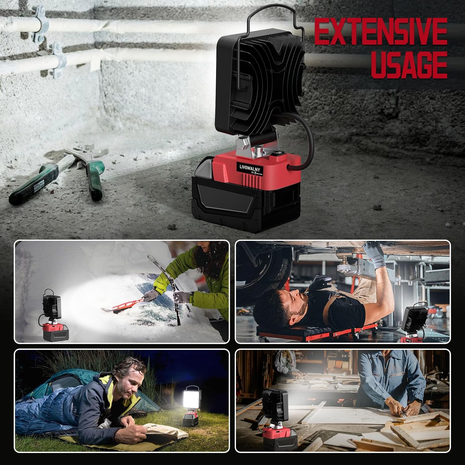 Luz de trabajo LED inalámbrica para batería Milwaukee M18, LIVOWALNY 48W 48000LM Luz de inundación de batería de 4 pulgadas para luz M18 con puerto