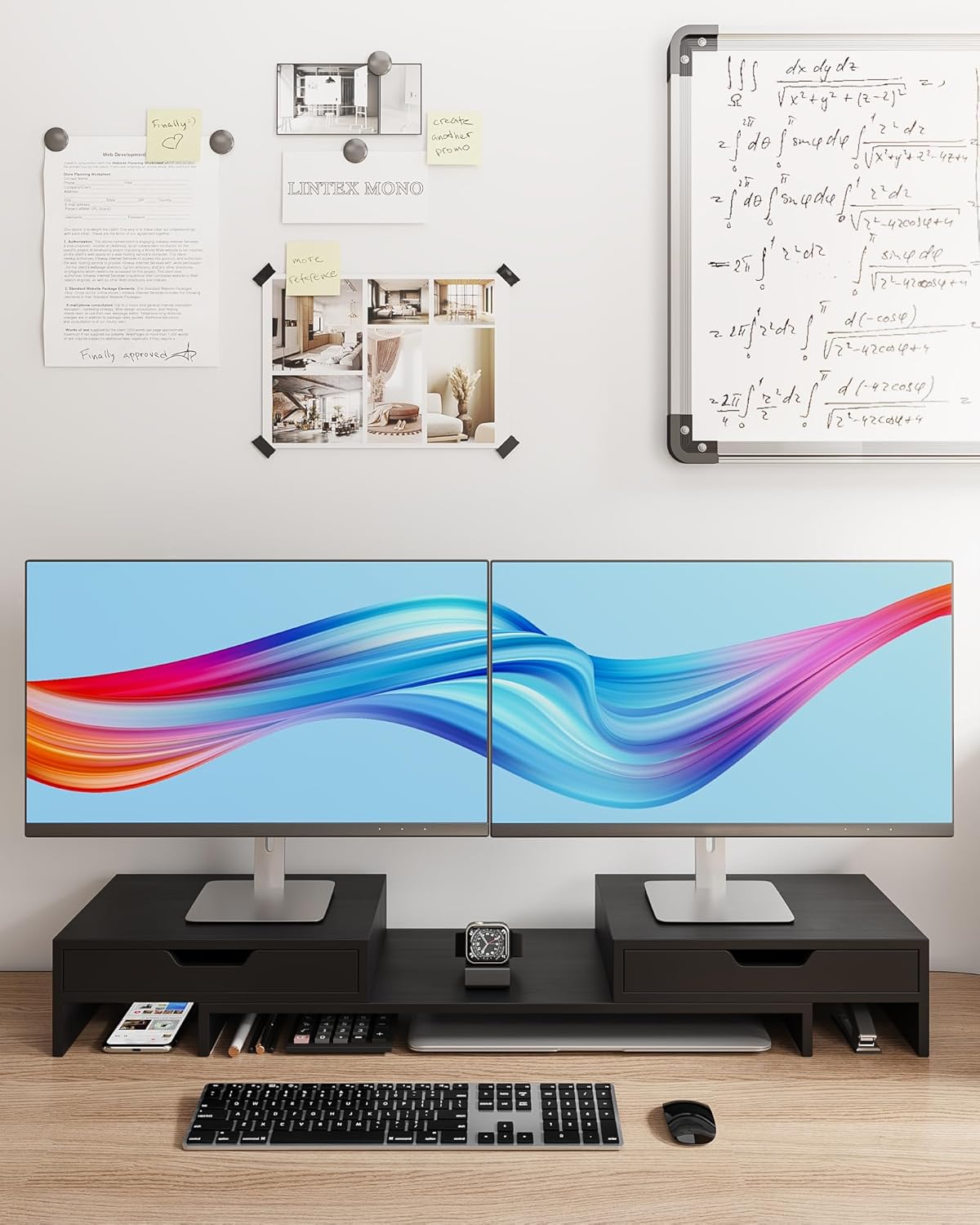 Epesoware Soporte de monitor con 2 cajones para escritorio, soporte de bambú para monitor doble con almacenamiento, organizador de estante de