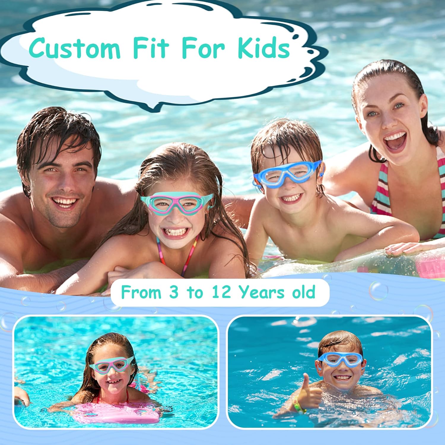 Vvinca Gafas de natación para niños de 3 a 12 años, diseño mejorado 2024 con tapón para la oreja y la nariz, visión amplia, antivaho sin fugas,