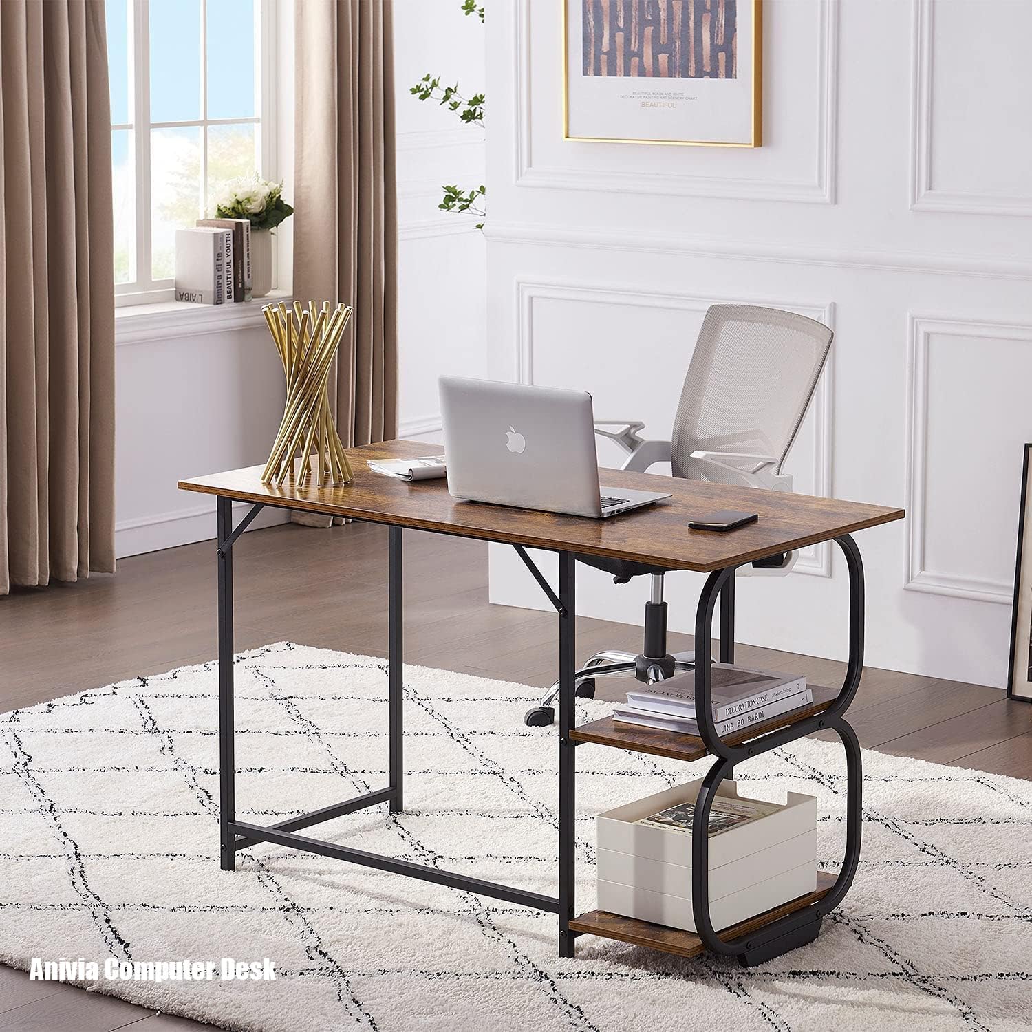 Anivia – Escritorio para computadora de oficina en casa con 2 estantes de almacenamiento en el lado izquierdo o derecho, mesa de madera de estilo