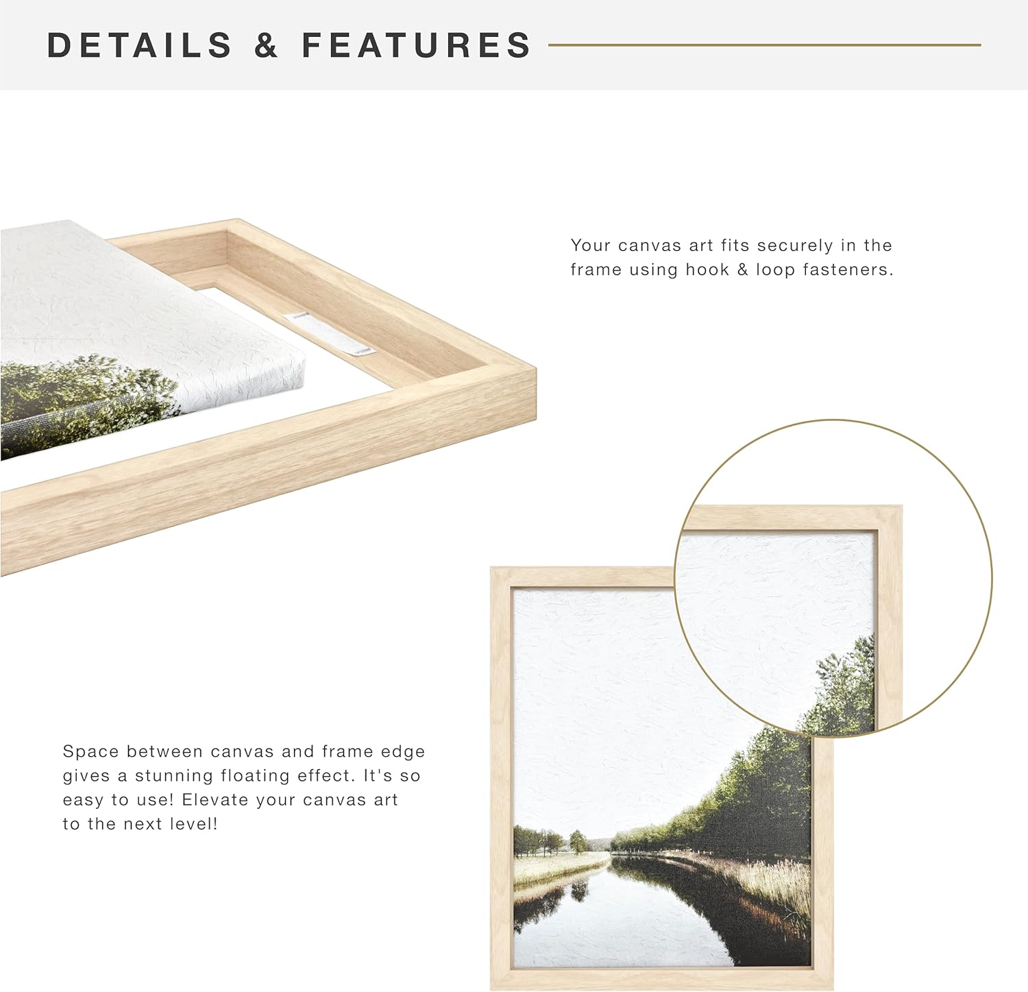 MCS Marco de lienzo flotante, marcos de arte para pinturas en lienzo con cierres adhesivos y accesorios para colgar, veta de madera natural, 11 x 14
