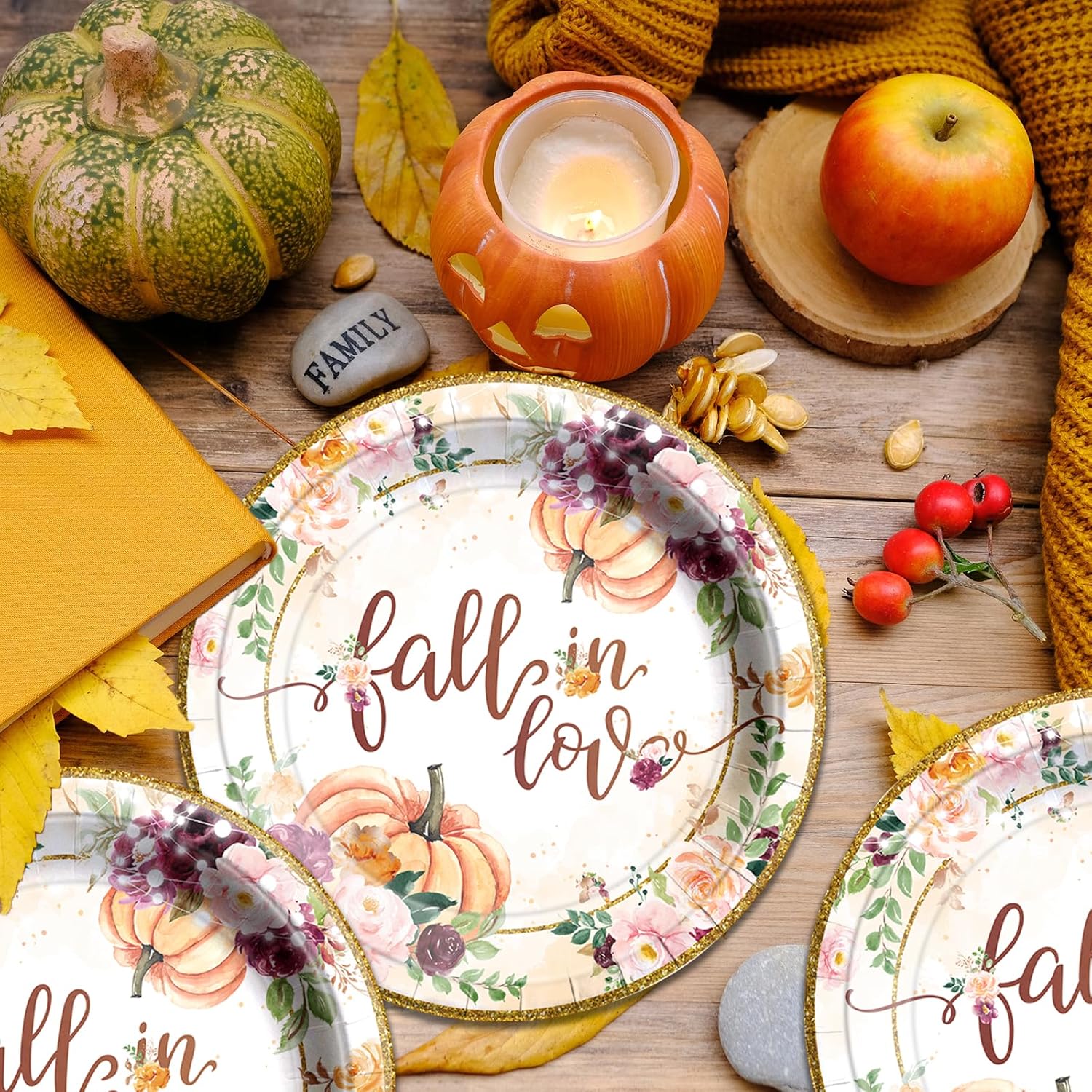 HAKOTI Decoraciones de fiesta de enamoramiento, 48 platos de papel de otoño, con temática floral de calabaza, juego de platos de papel de postre