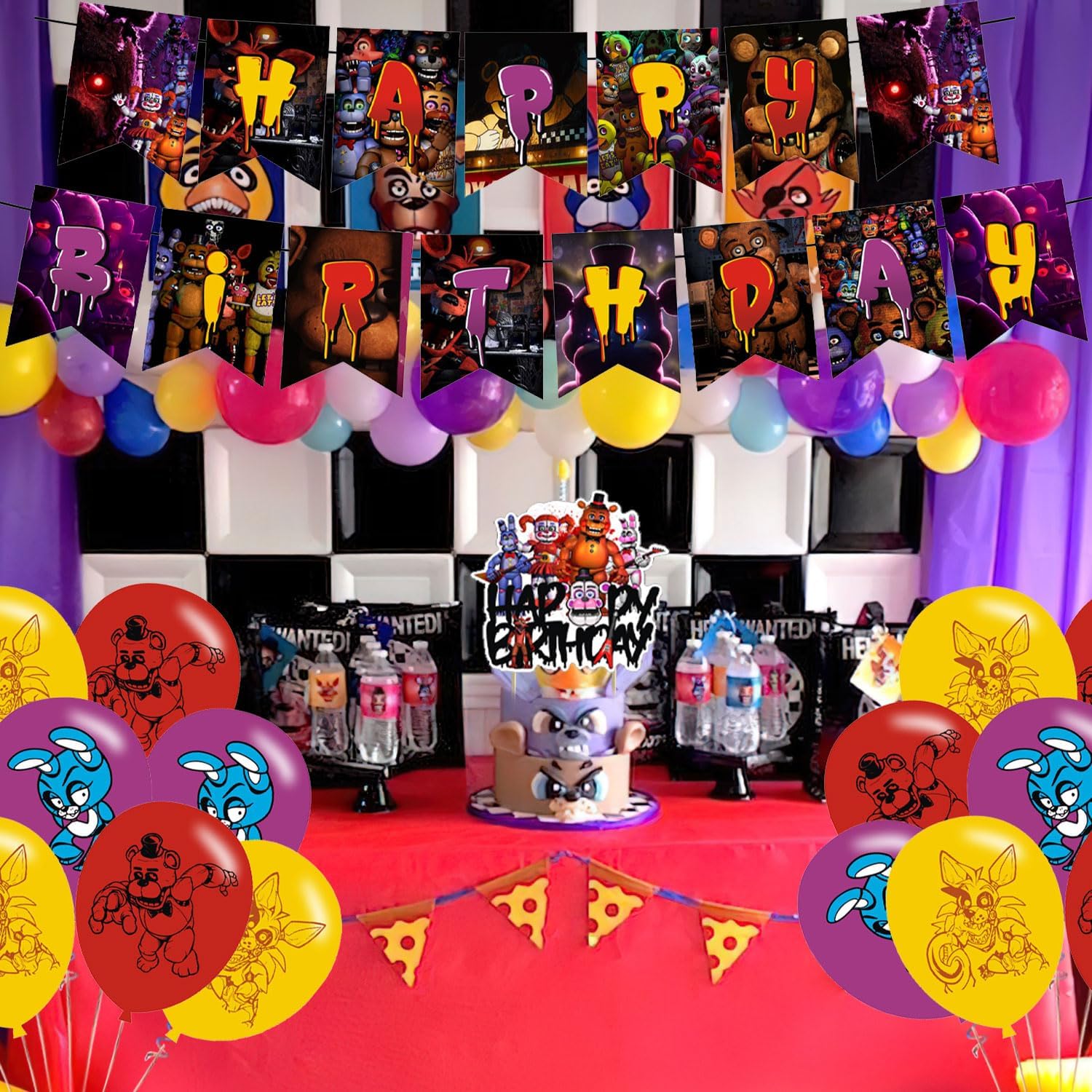 Decoración temática de fiesta de cumpleaños para niños con 1 pancarta de feliz cumpleaños, 12 adornos para cupcakes, 18 globos para fiestas