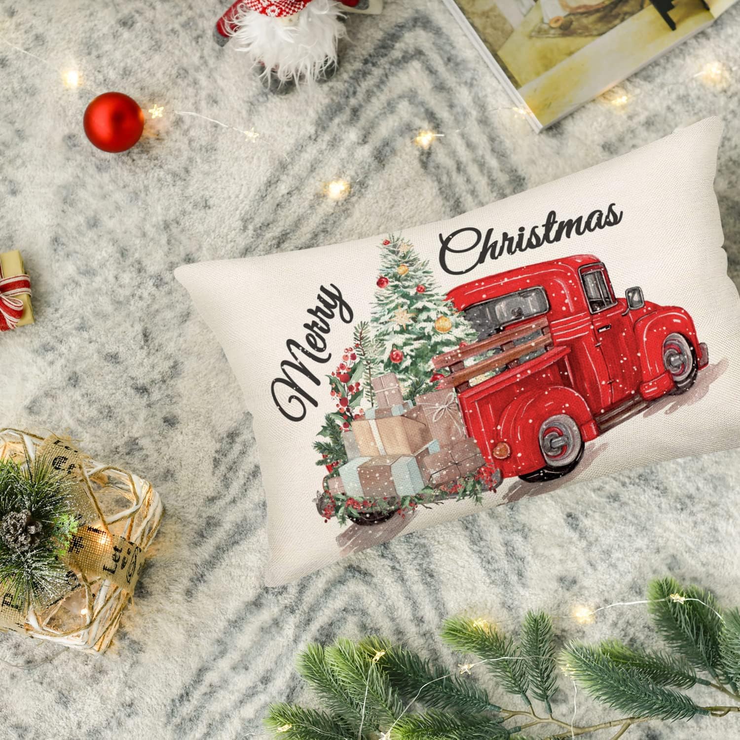 Funda de cojín decorativa de algodón y lino con diseño de camión rojo con árbol de Navidad, regalo de Feliz Navidad, 12 x 20 pulgadas, diseño de