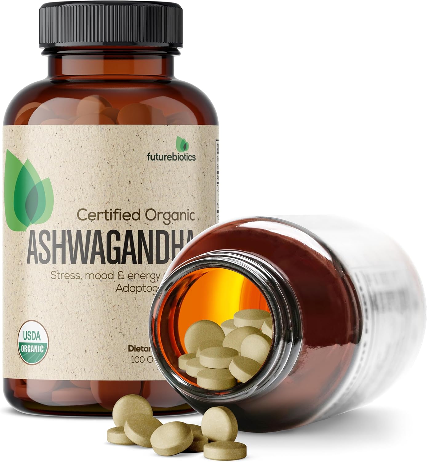 Futurebiotics Ashwagandha orgánica certificada, hierba adaptogénica de apoyo al estrés y energía, sin OMG, 100 tabletas orgánicas